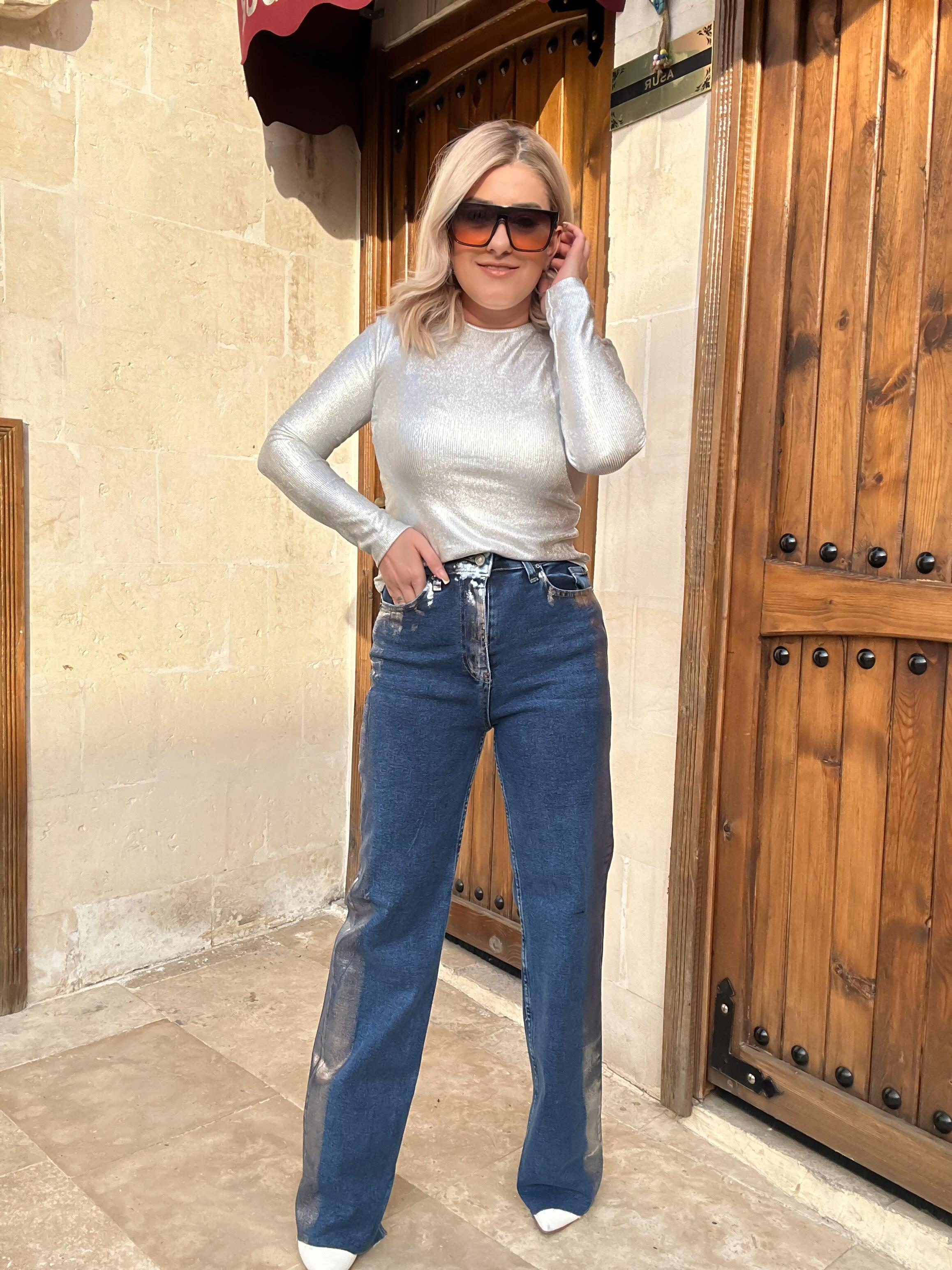 Yanları Geçişli Paça Yırtık Tasarım Palazzo Jean GÜMÜŞ-23KALT000011