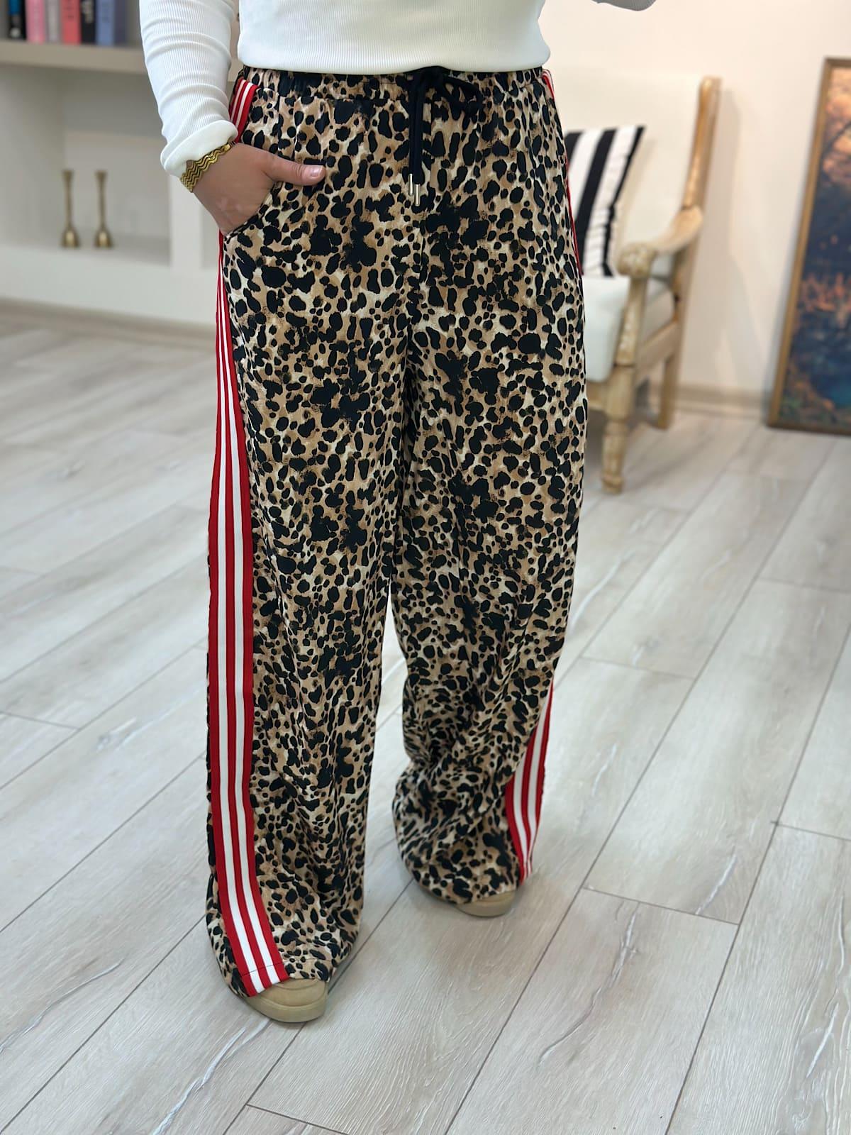 Yanları Şerit Detaylı Leopar Pantolon KAHVE-23YALT000093