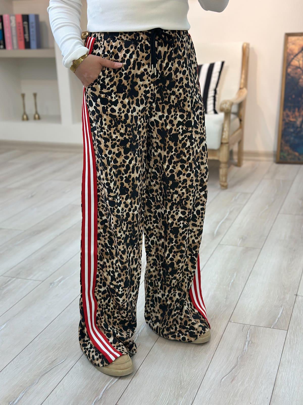 Yanları Şerit Detaylı Leopar Pantolon KAHVE-23YALT000093