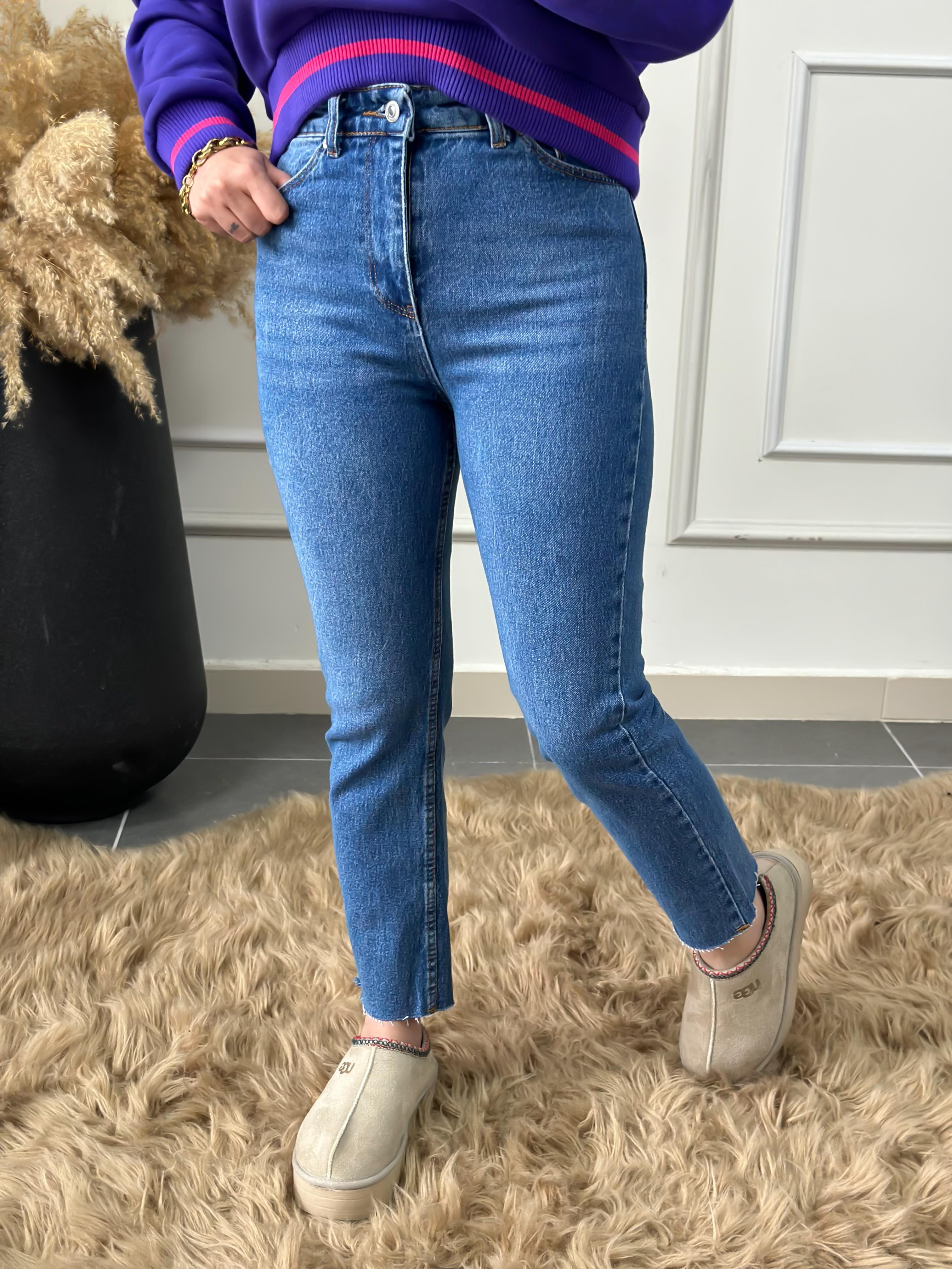 Yüksek Bel Paçası Kesik Orjinal Fit Mom MAVİ-23KYeni00074
