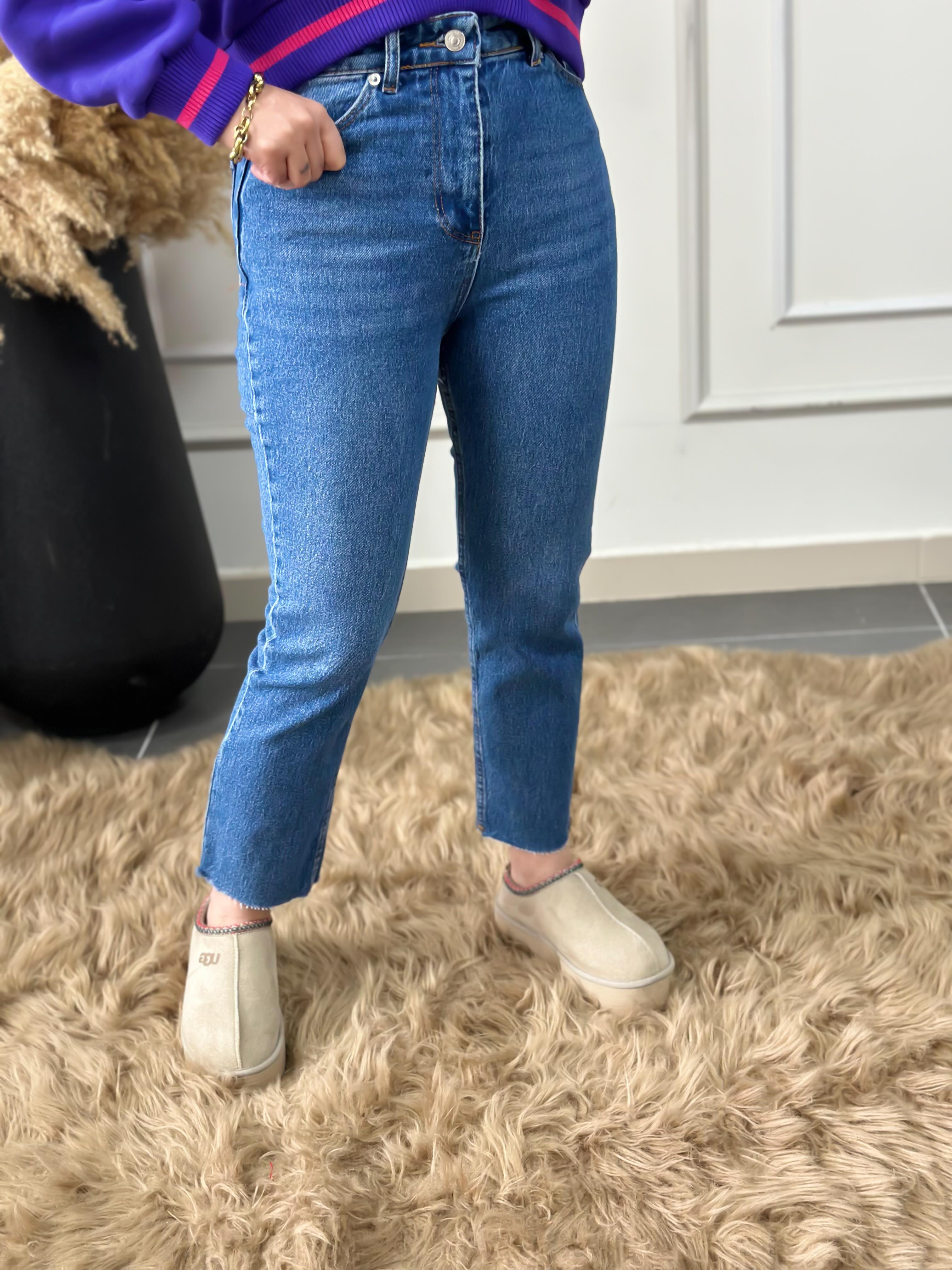 Yüksek Bel Paçası Kesik Orjinal Fit Mom MAVİ-23KYeni00074