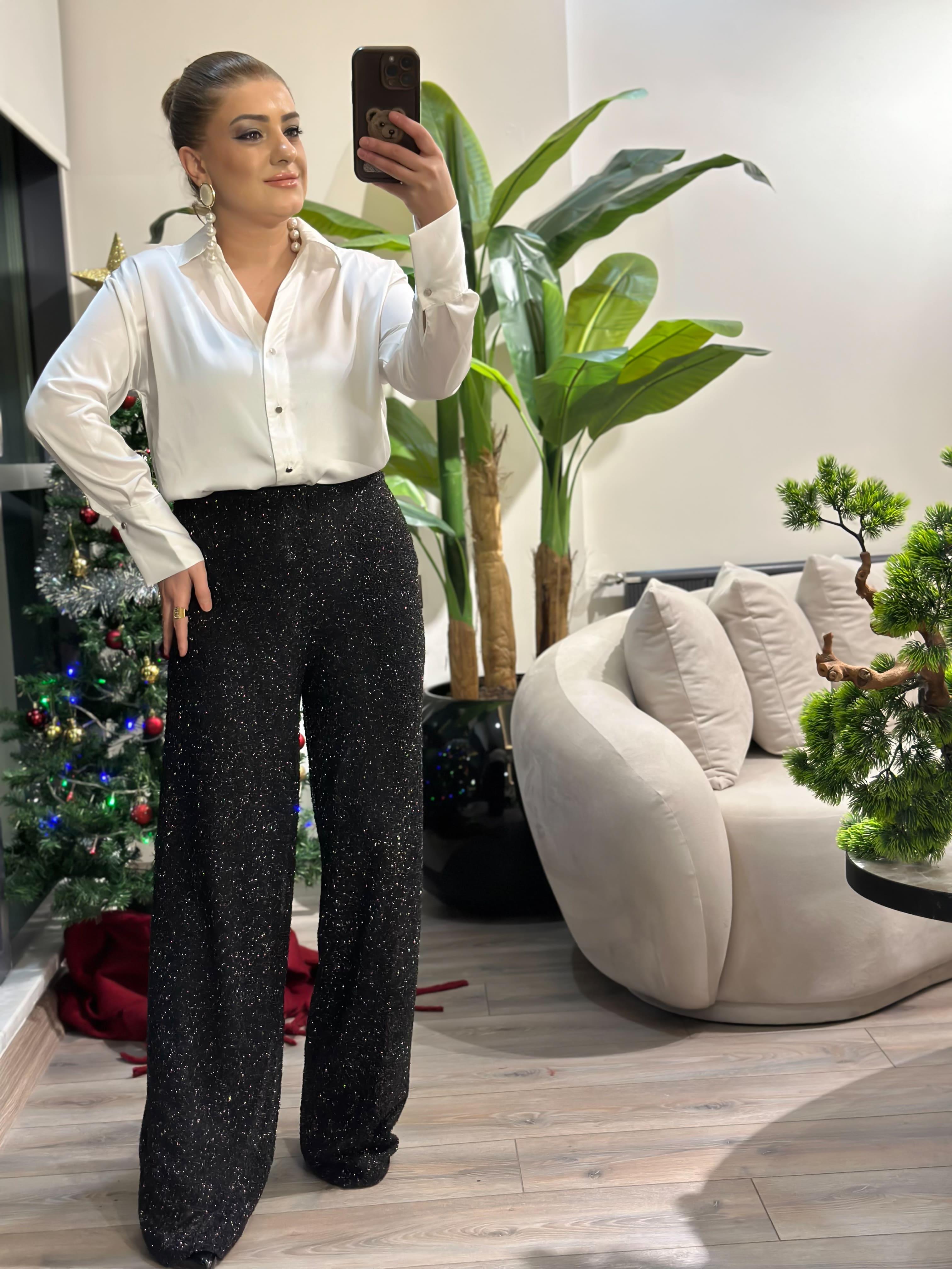 Yüksek Bel Taş Detaylı Geniş Paça Pantolon SİYAH-23MeALT00104