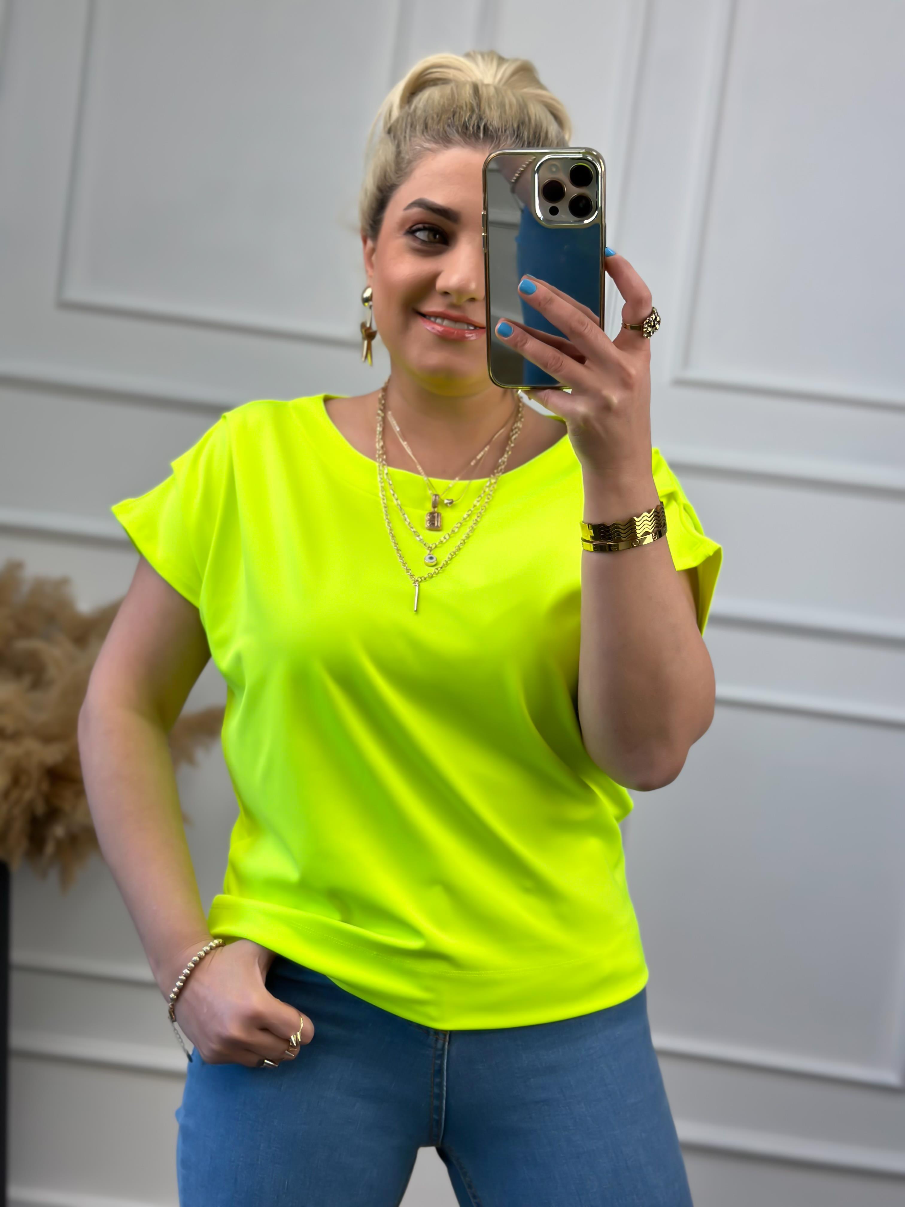 Yuvarlak Yaka Omuzu Drapeli Bluz NEON SARI-23YUST000022