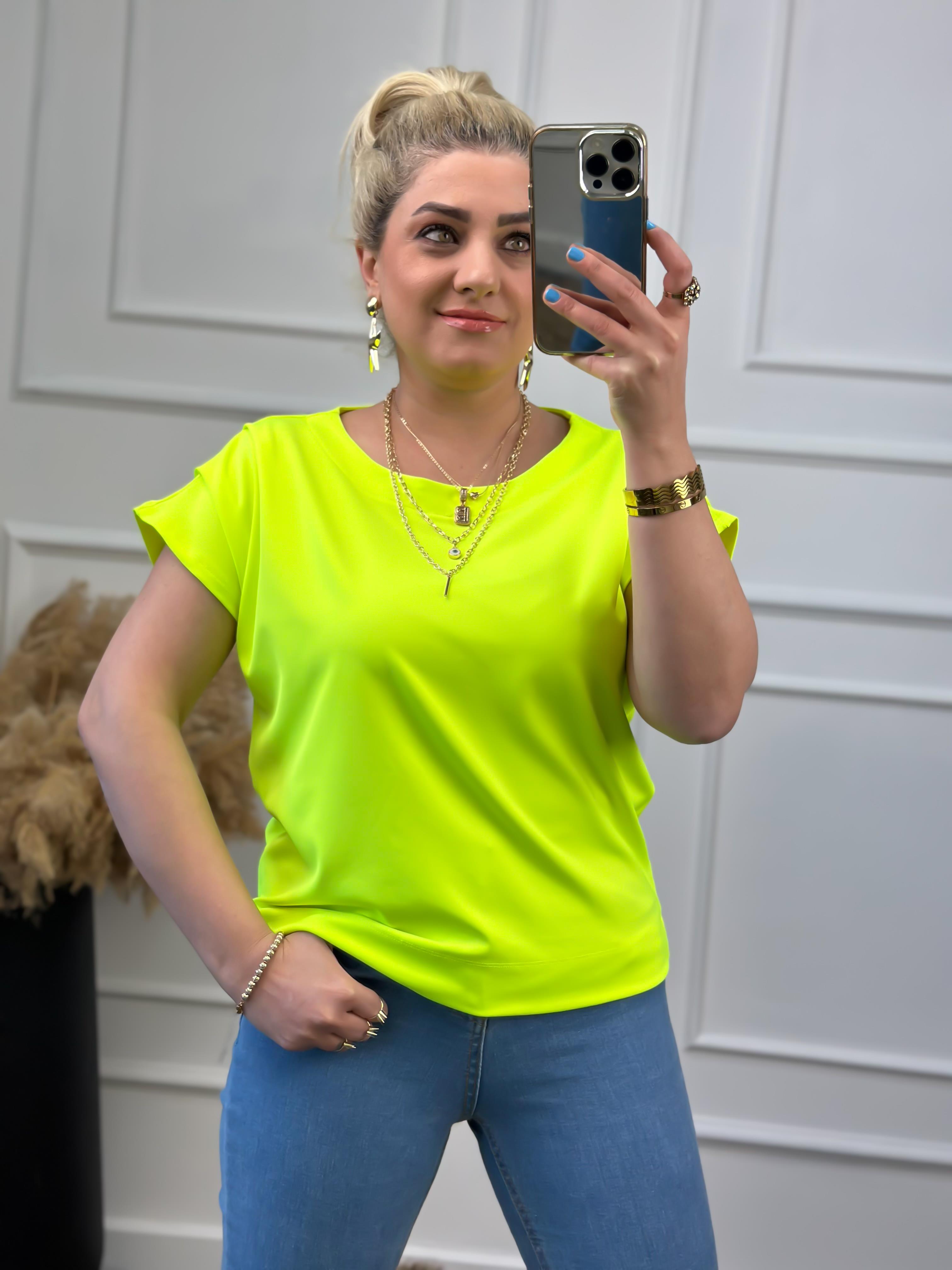 Yuvarlak Yaka Omuzu Drapeli Bluz NEON SARI-23YUST000022