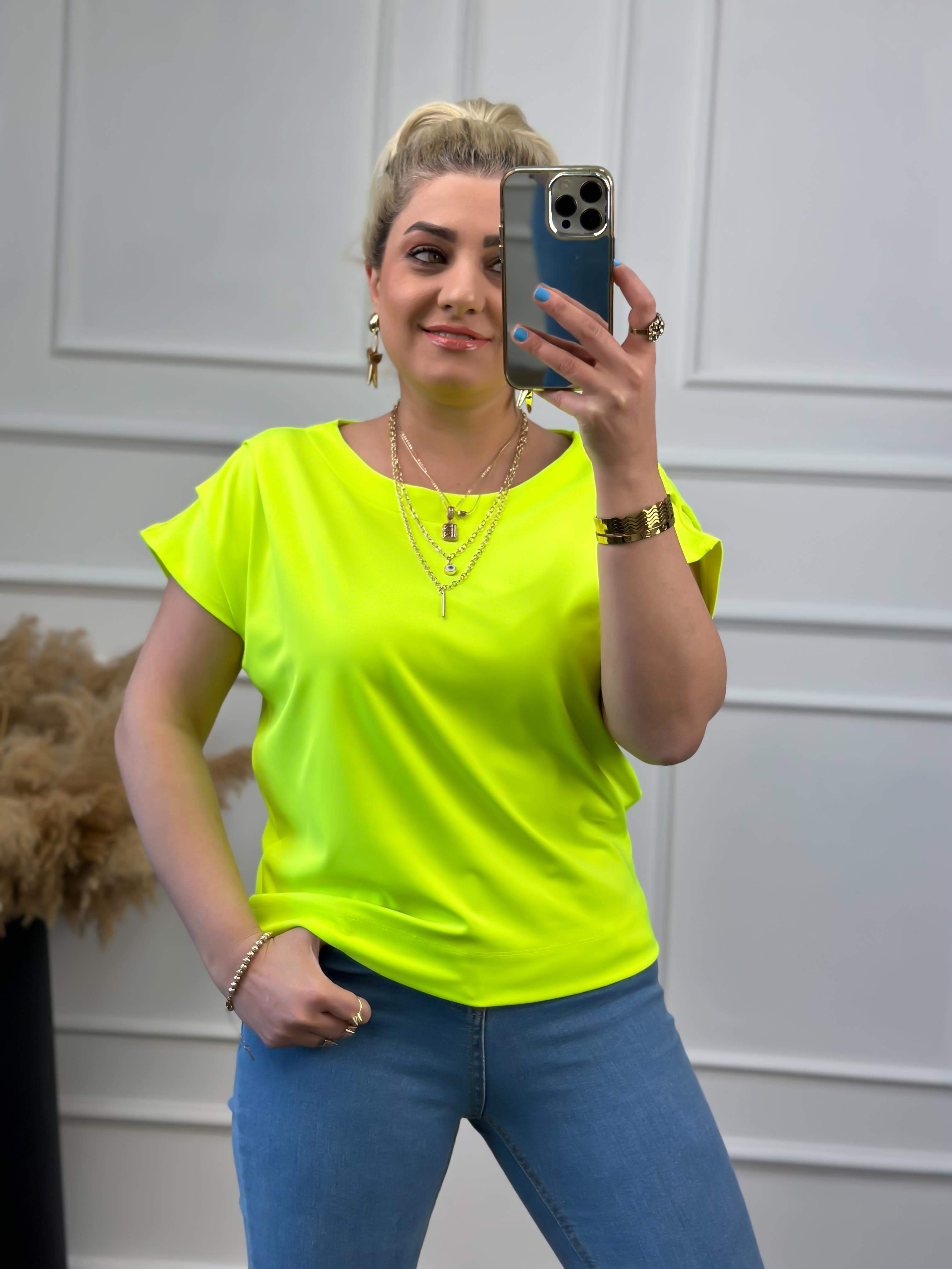 Yuvarlak Yaka Omuzu Drapeli Bluz NEON SARI-23YUST000022