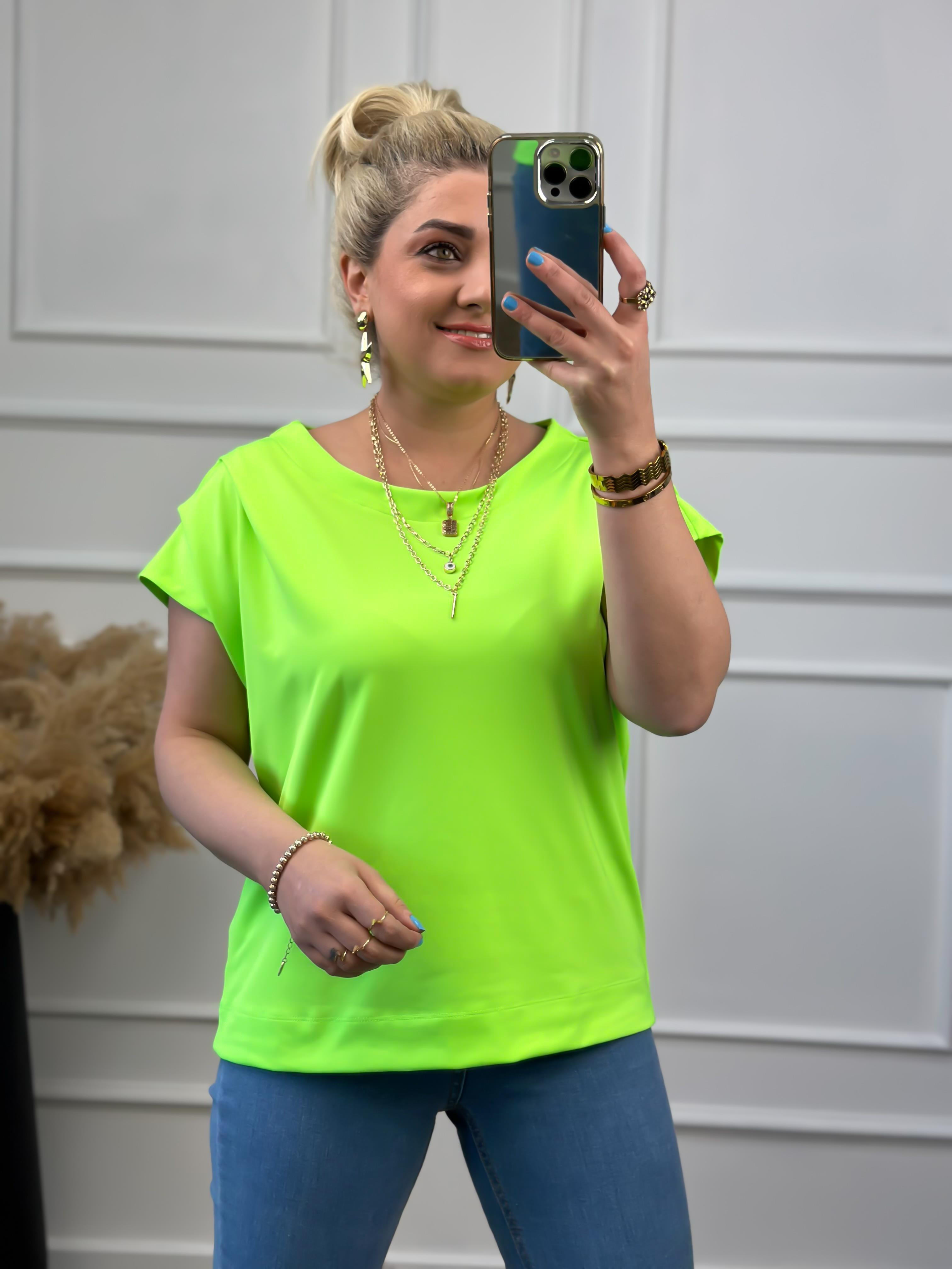 Yuvarlak Yaka Omuzu Drapeli Bluz NEON YEŞİL-23YUST000022