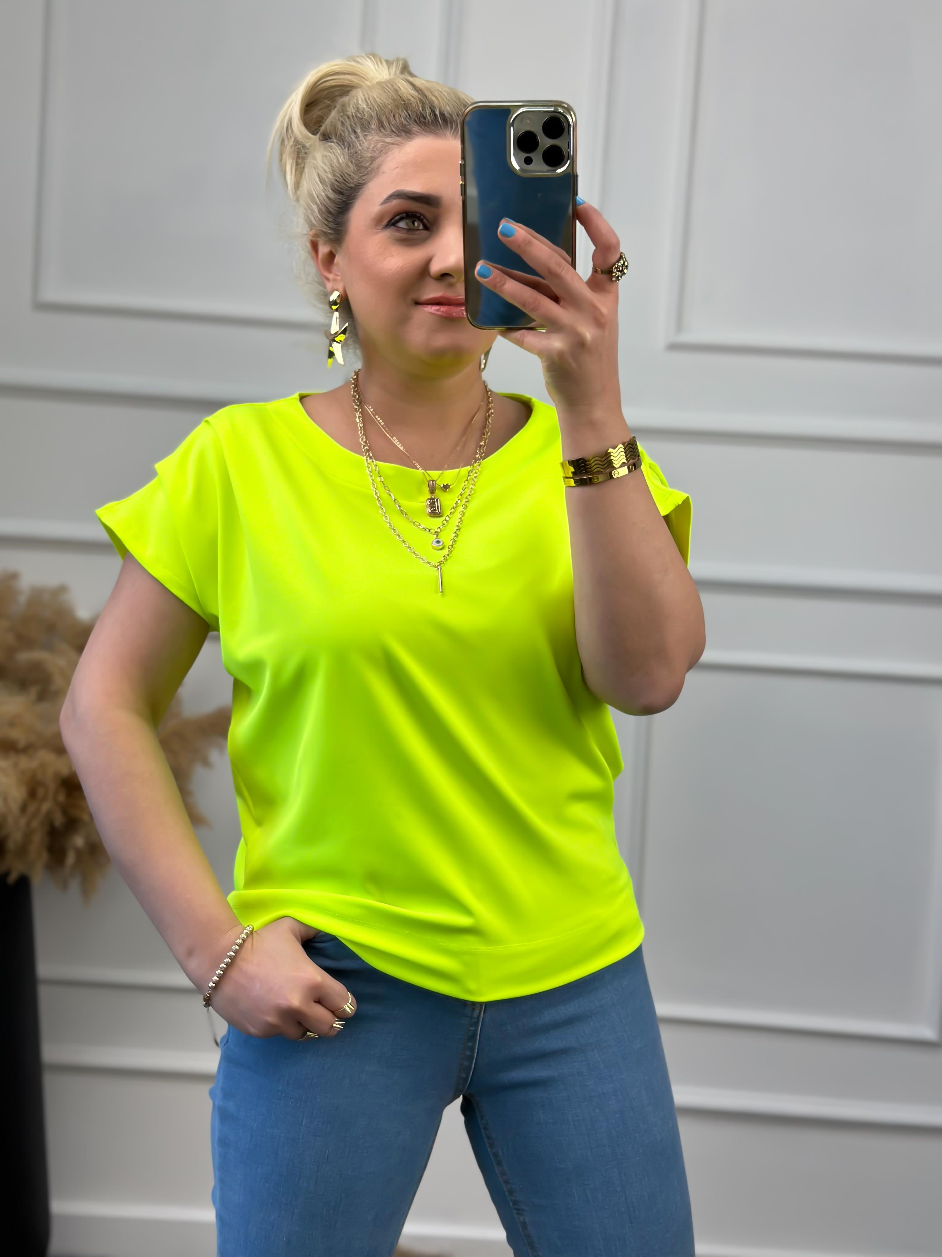Yuvarlak Yaka Omuzu Drapeli Bluz NEON SARI-23YUST000022