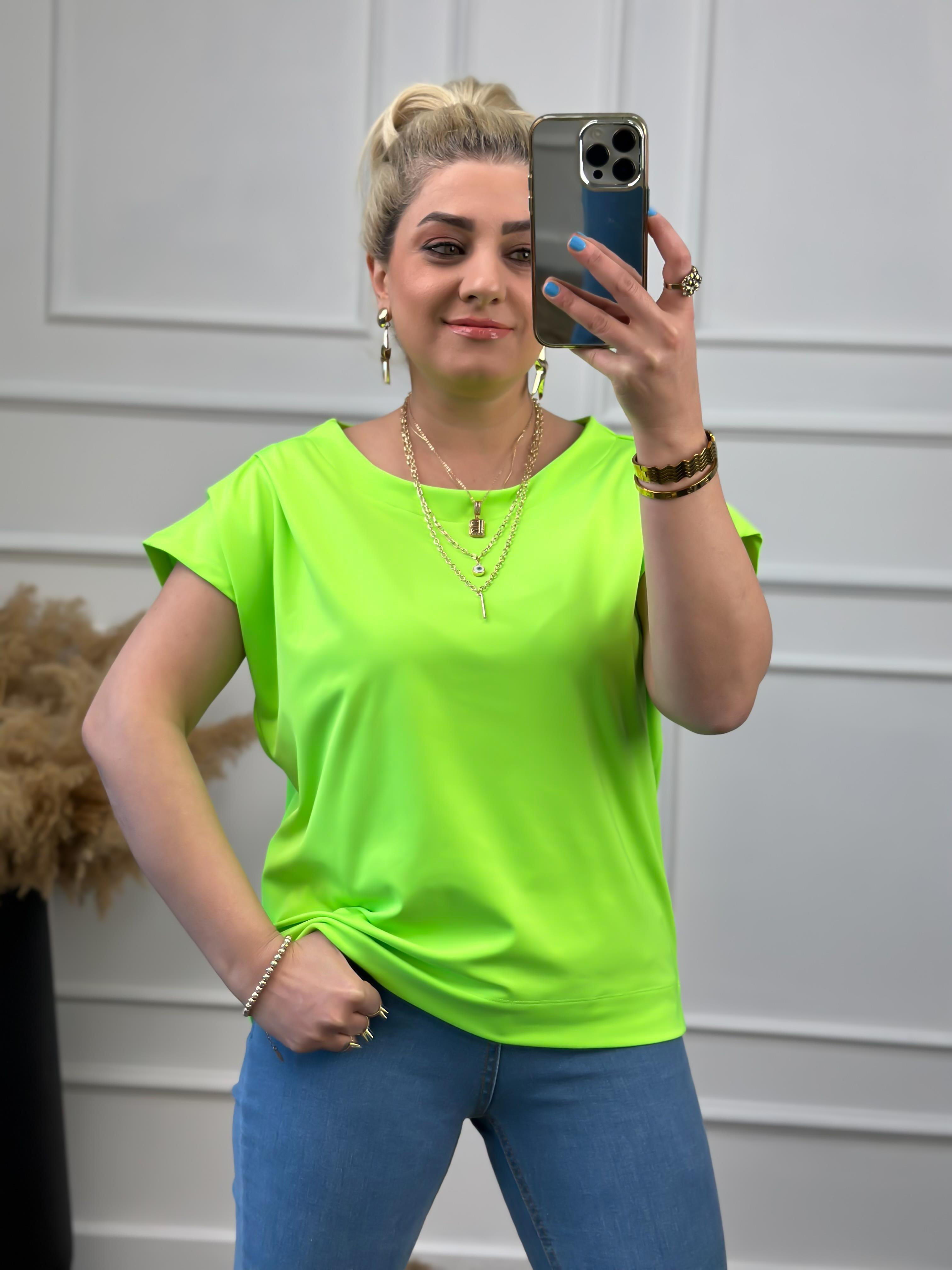 Yuvarlak Yaka Omuzu Drapeli Bluz NEON YEŞİL-23YUST000022