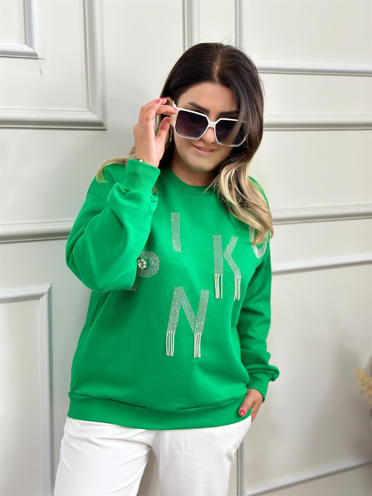 Yuvarlak Yaka Pinko Taş İşlemeli Sweatshırt YEŞİL-23KUST000015