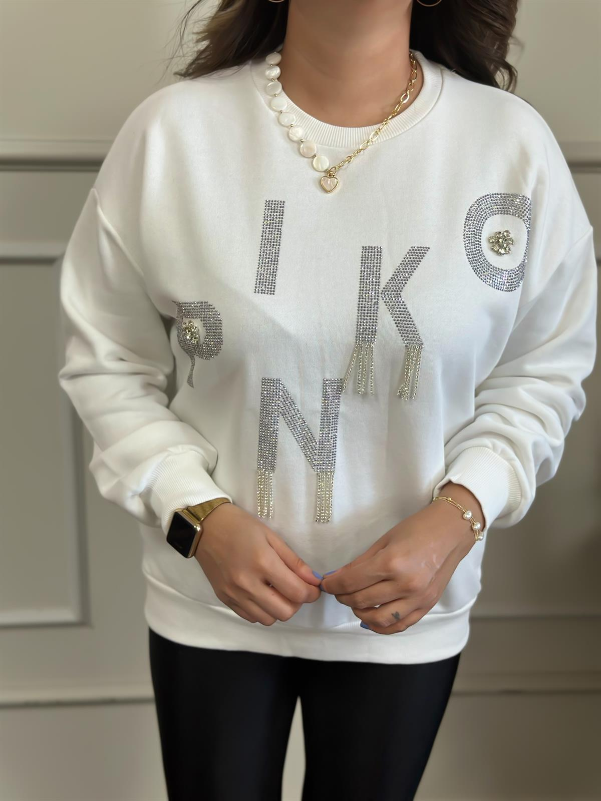Yuvarlak Yaka Pinko Taş İşlemeli Sweatshırt BEYAZ-23KUST000015