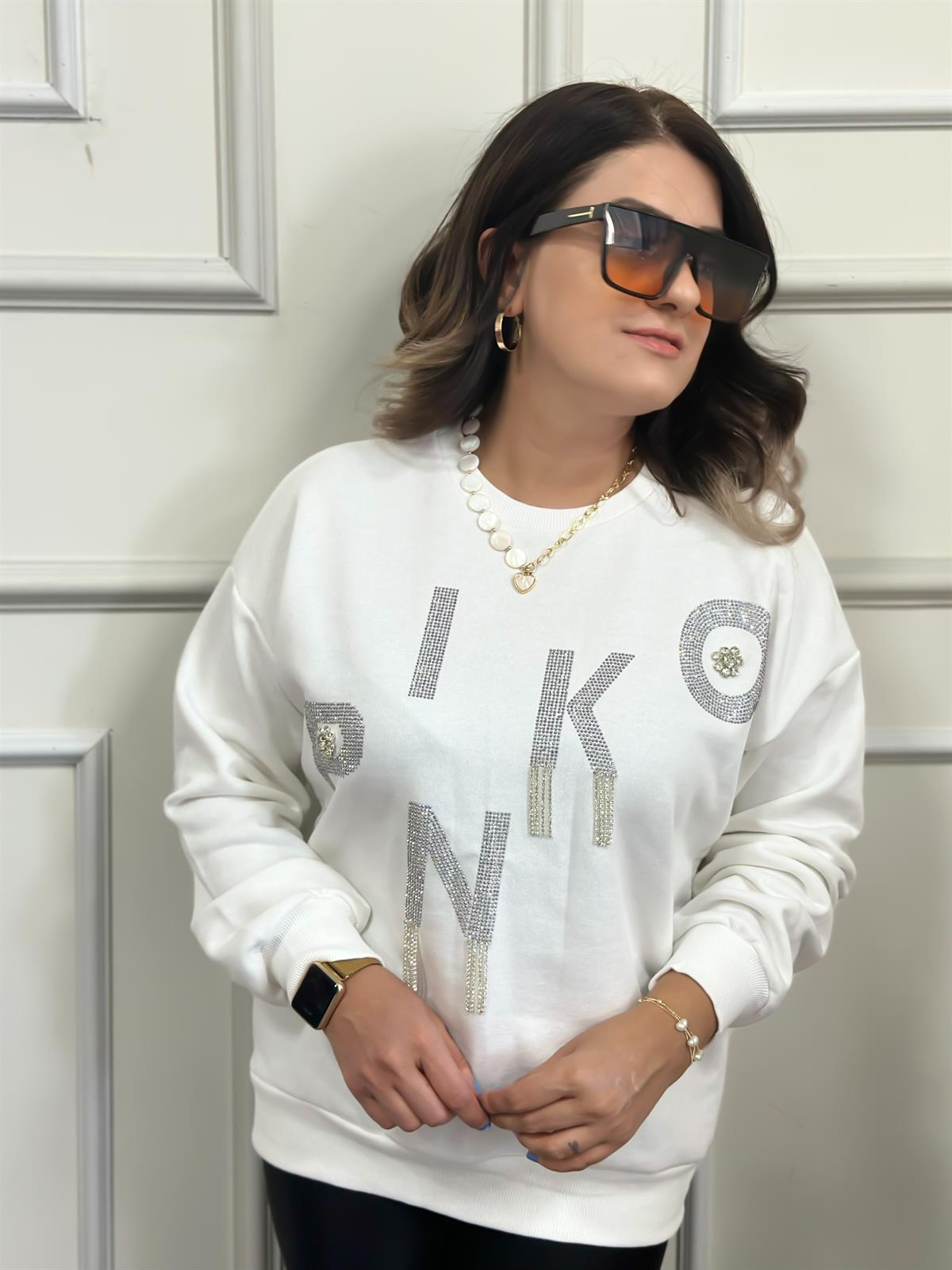 Yuvarlak Yaka Pinko Taş İşlemeli Sweatshırt BEYAZ-23KUST000015