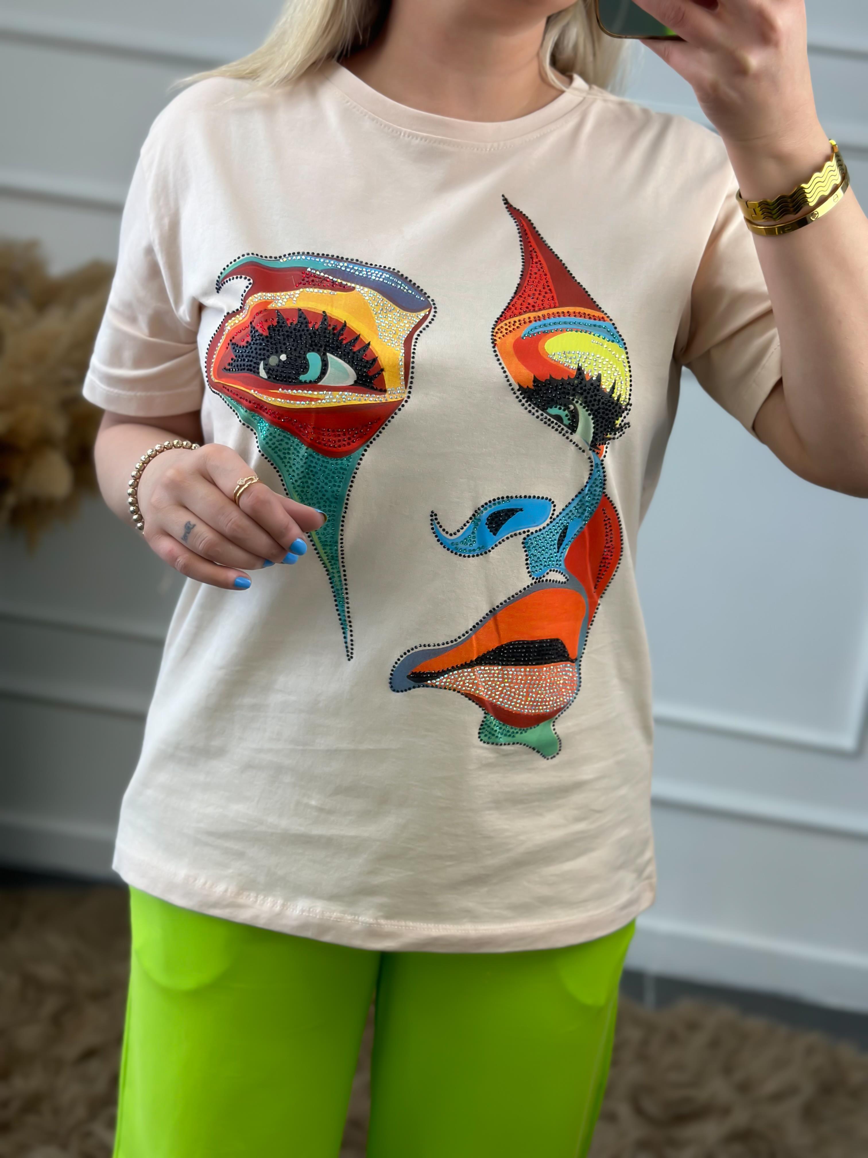 Yüz Baskılı Taş İşlemeli Bisiklet Yaka Tshirt BEJ-23YUST000014