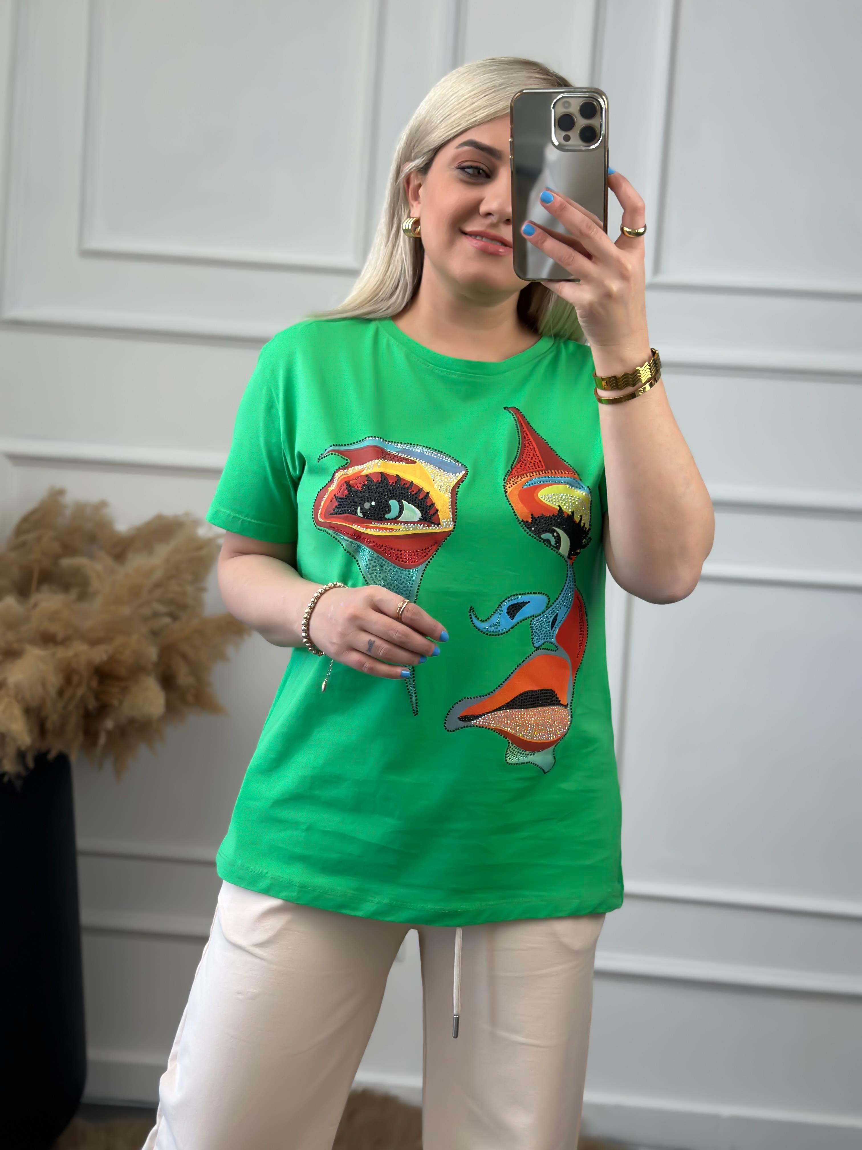 Yüz Baskılı Taş İşlemeli Bisiklet Yaka Tshirt YEŞİL-23YUST000014
