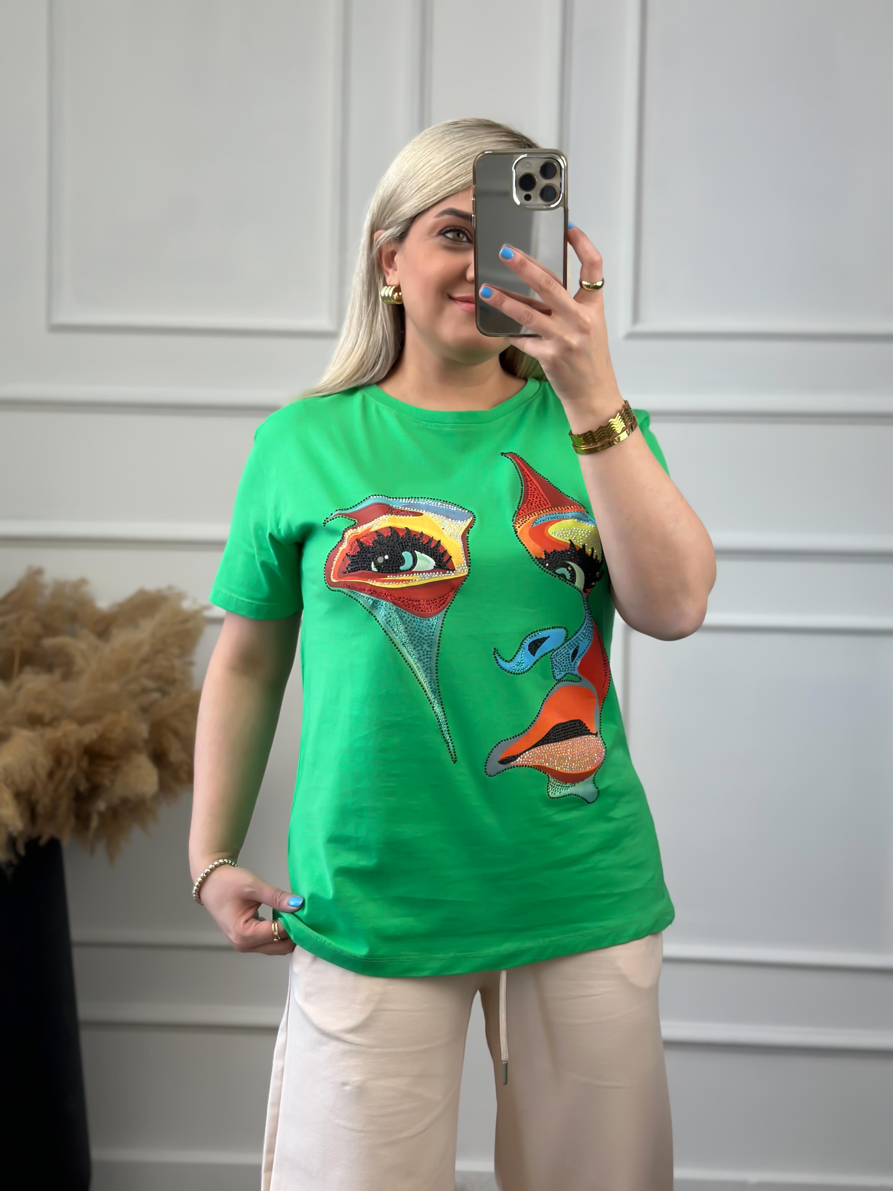 Yüz Baskılı Taş İşlemeli Bisiklet Yaka Tshirt YEŞİL-23YUST000014