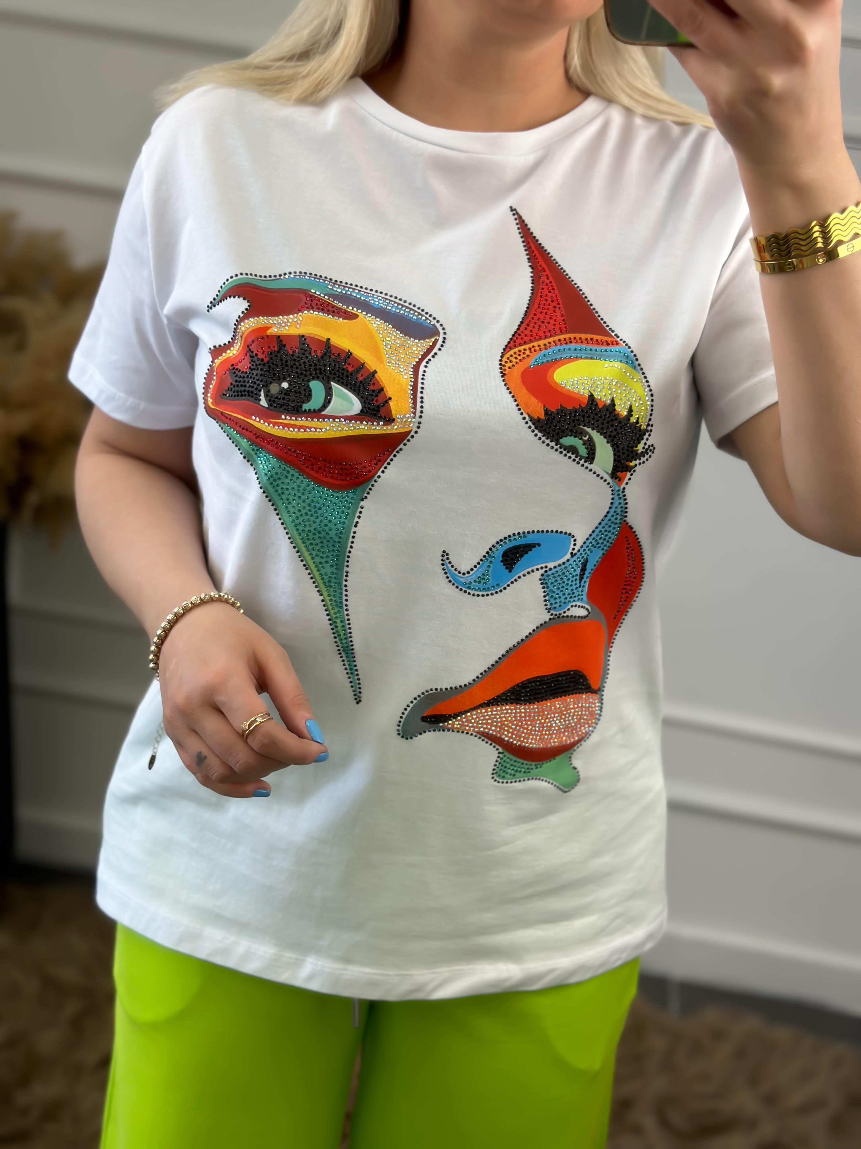 Yüz Baskılı Taş İşlemeli Bisiklet Yaka Tshirt BEYAZ-23YUST000014