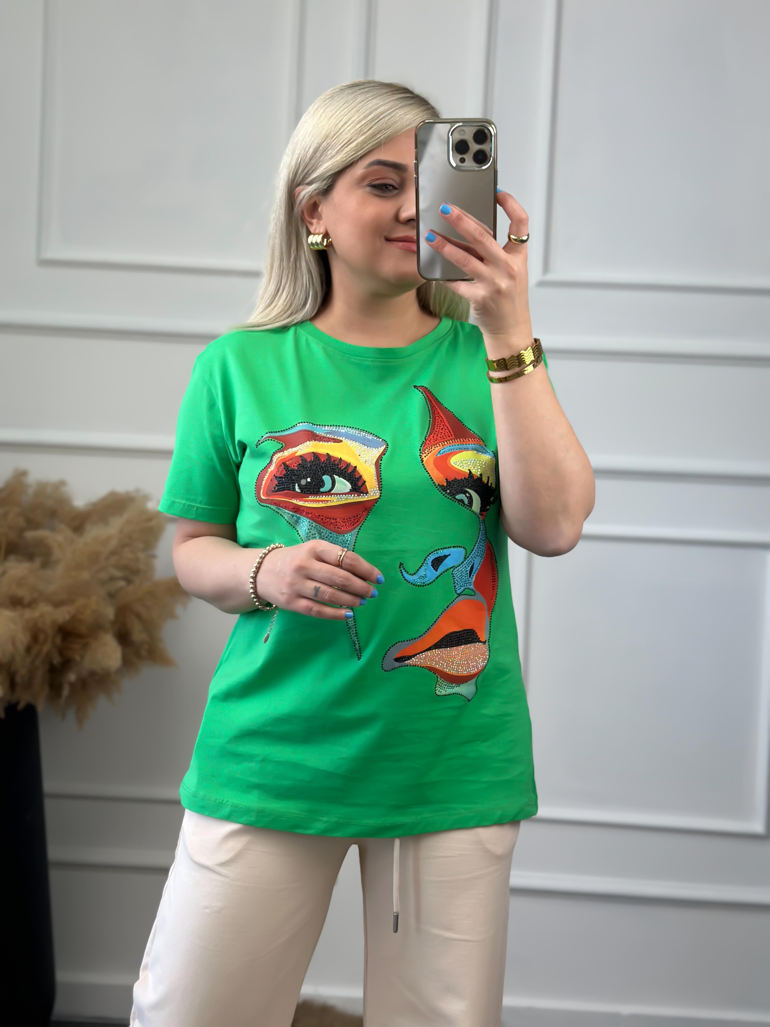 Yüz Baskılı Taş İşlemeli Bisiklet Yaka Tshirt YEŞİL-23YUST000014