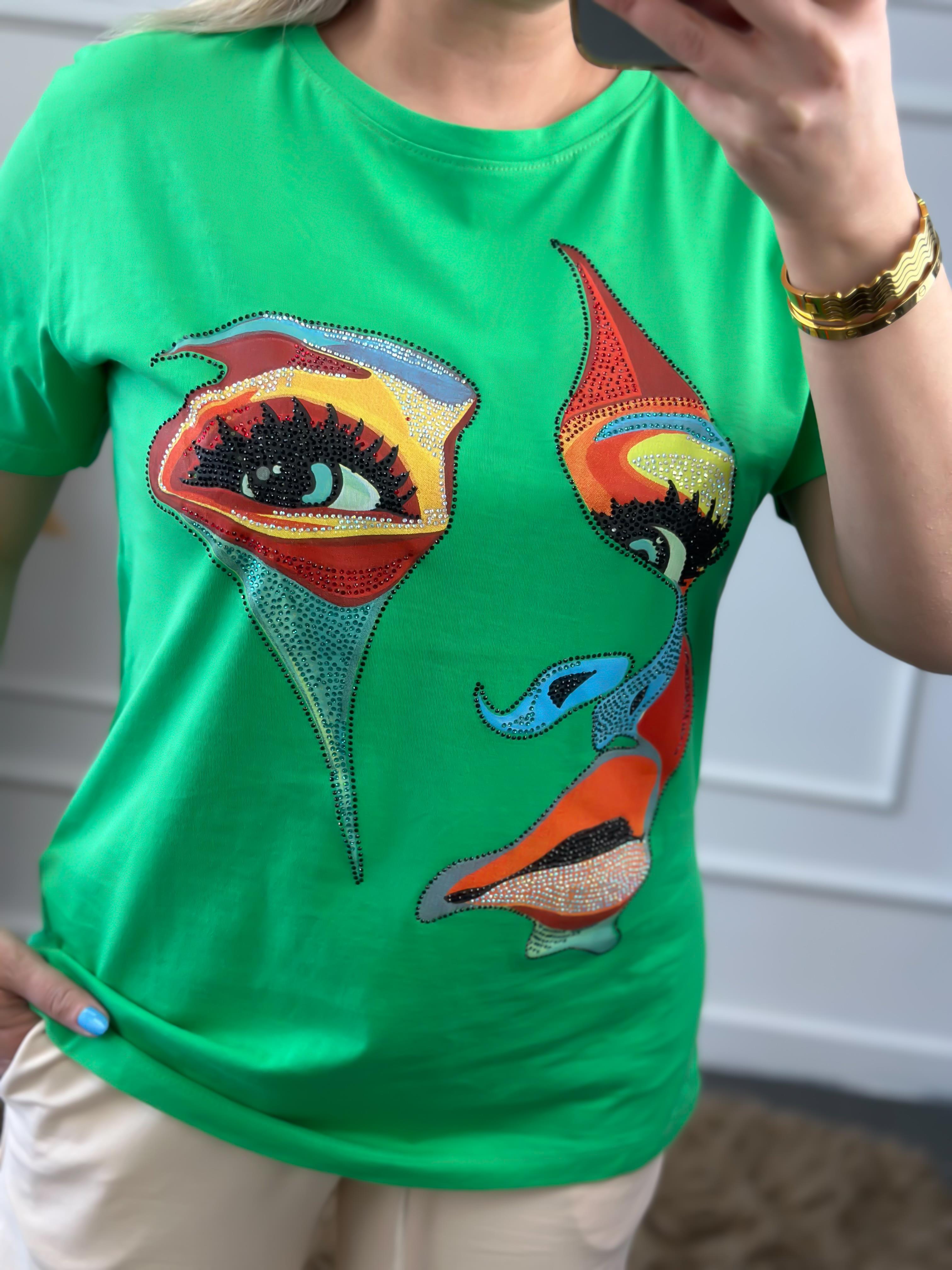 Yüz Baskılı Taş İşlemeli Bisiklet Yaka Tshirt YEŞİL-23YUST000014