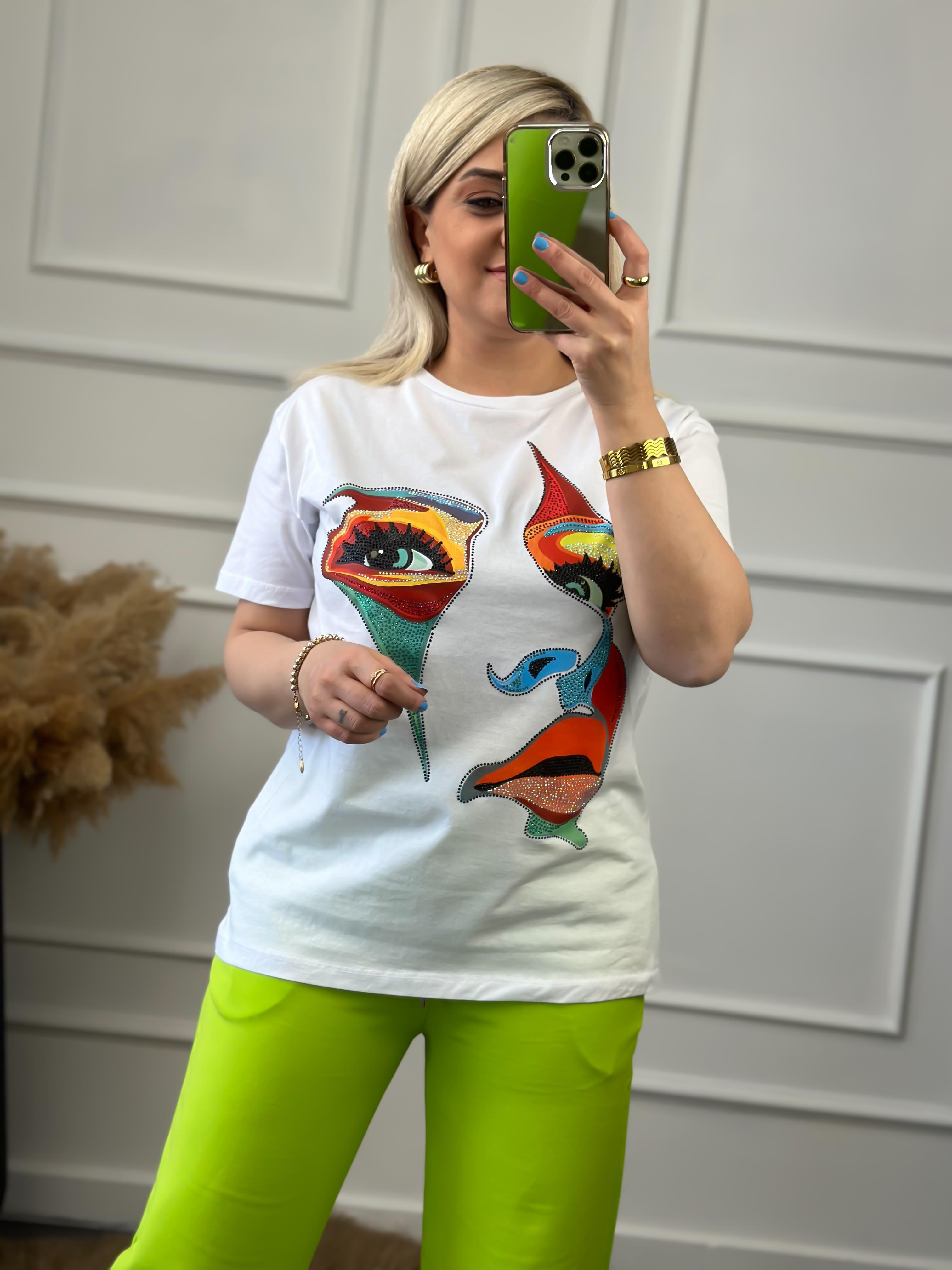Yüz Baskılı Taş İşlemeli Bisiklet Yaka Tshirt BEYAZ-23YUST000014