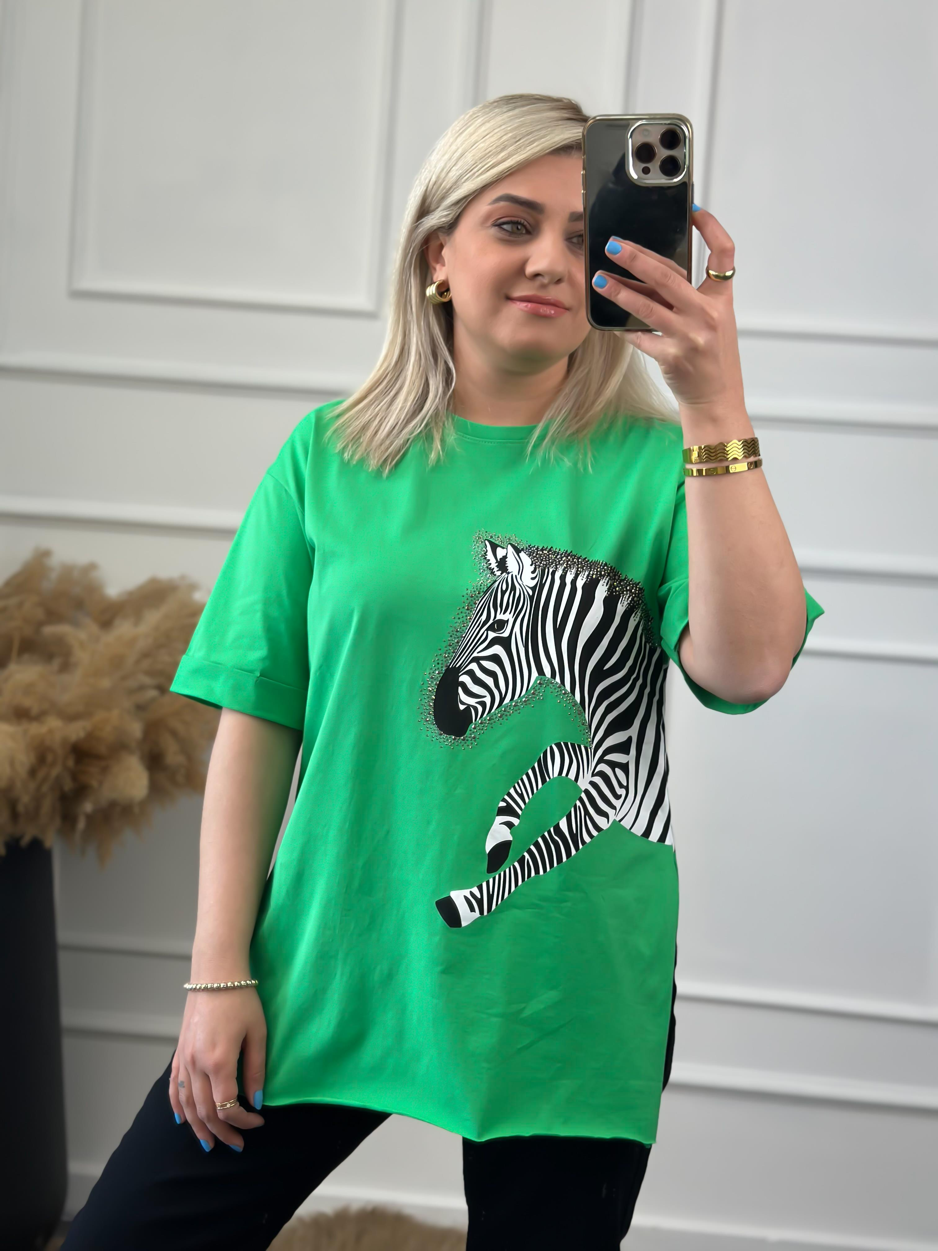 Zebra Desen Bisiklet Yaka Oversize Tshirt YEŞİL-23YUST000012