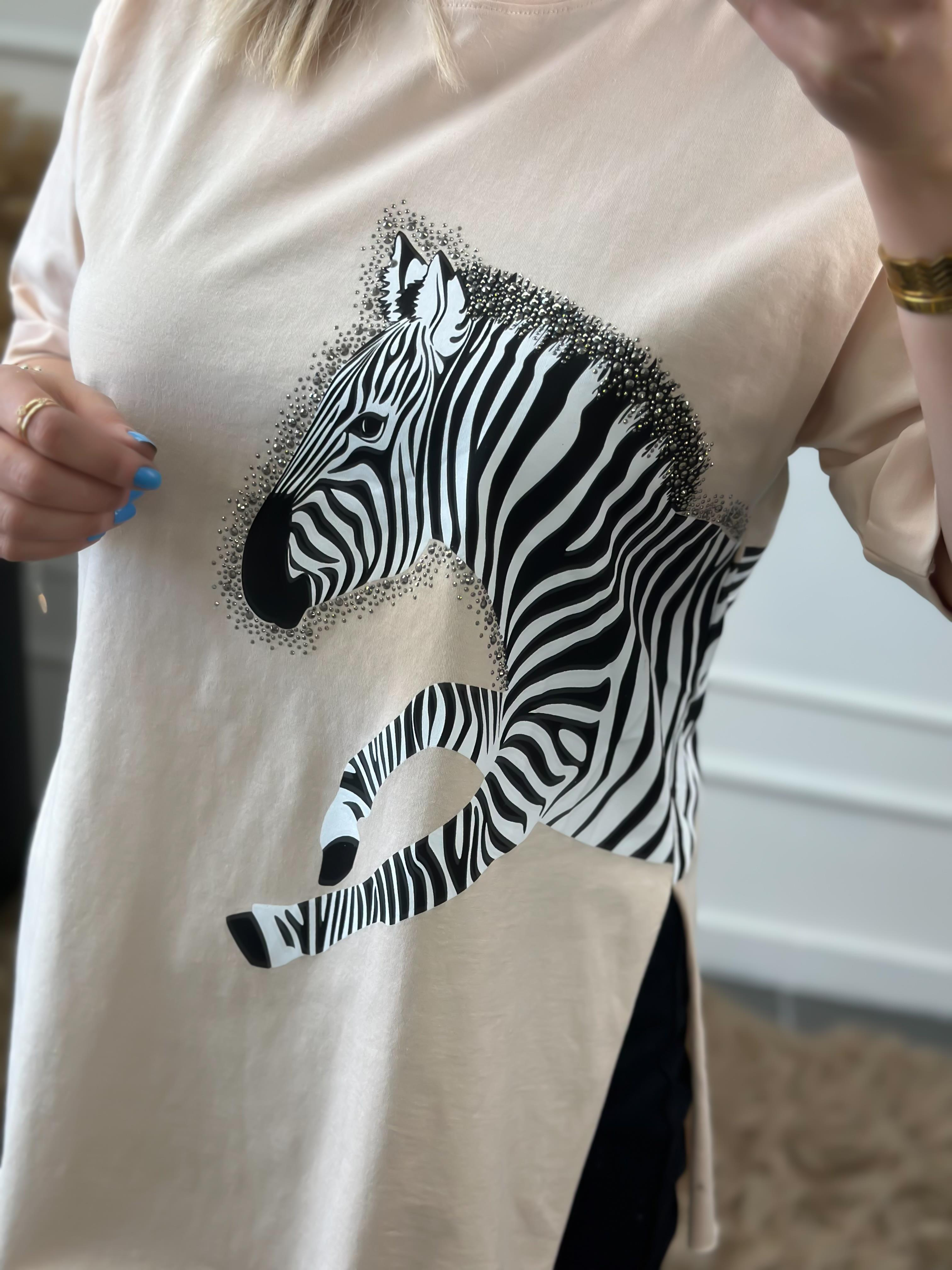 Zebra Desen Bisiklet Yaka Oversize Tshirt BEJ-23YUST000012