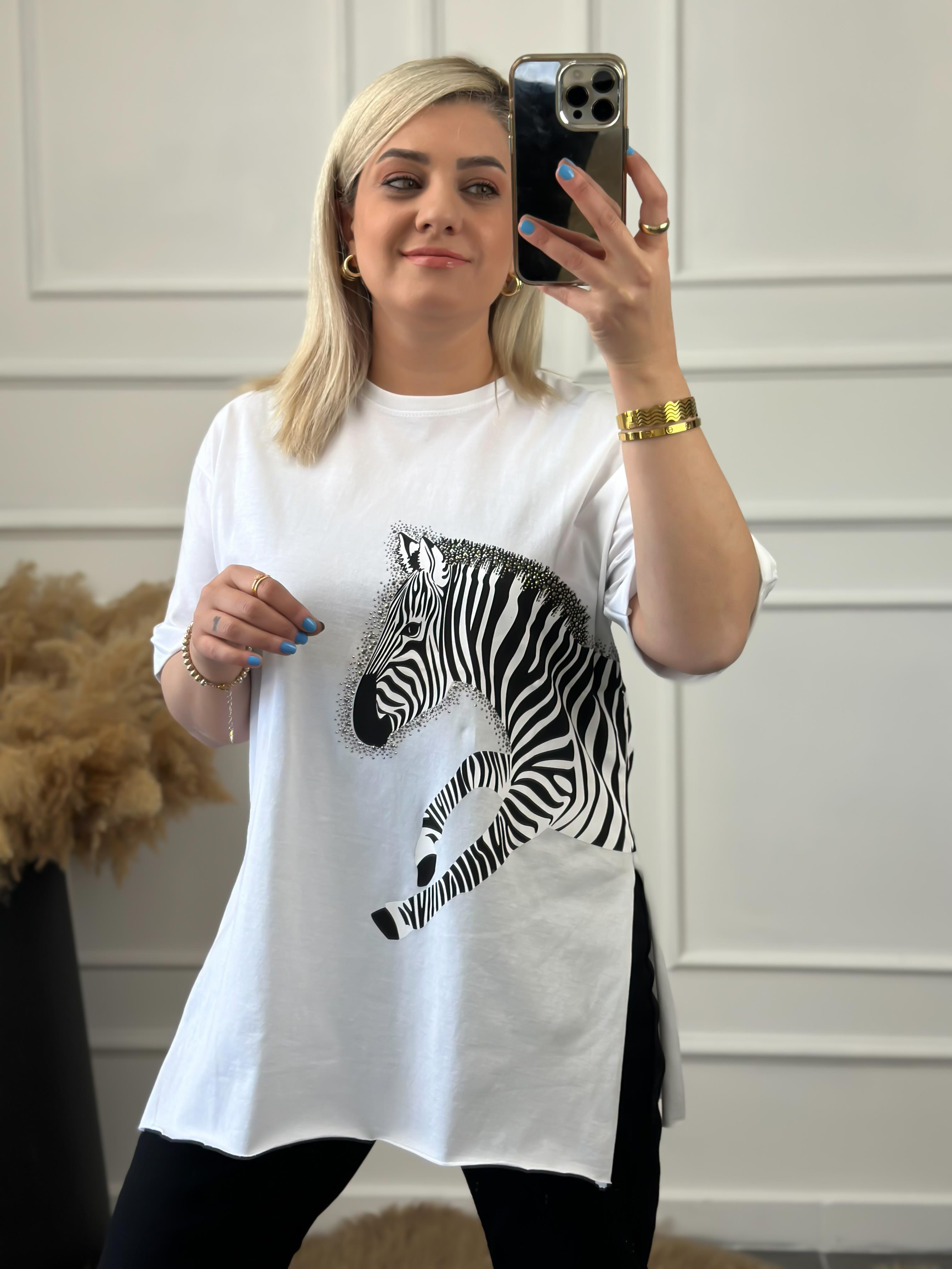 Zebra Desen Bisiklet Yaka Oversize Tshirt BEYAZ-23YUST000012