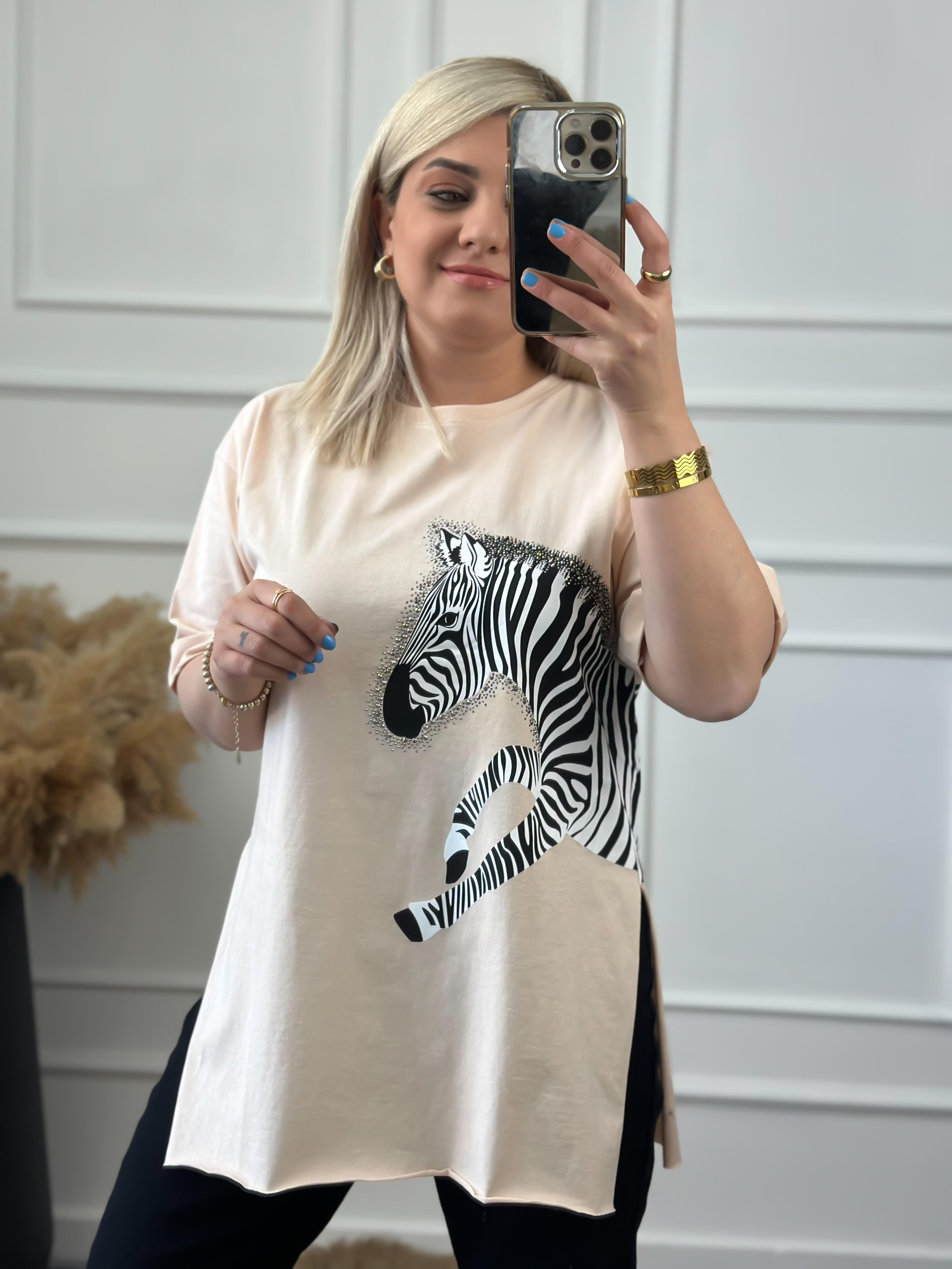Zebra Desen Bisiklet Yaka Oversize Tshirt BEJ-23YUST000012