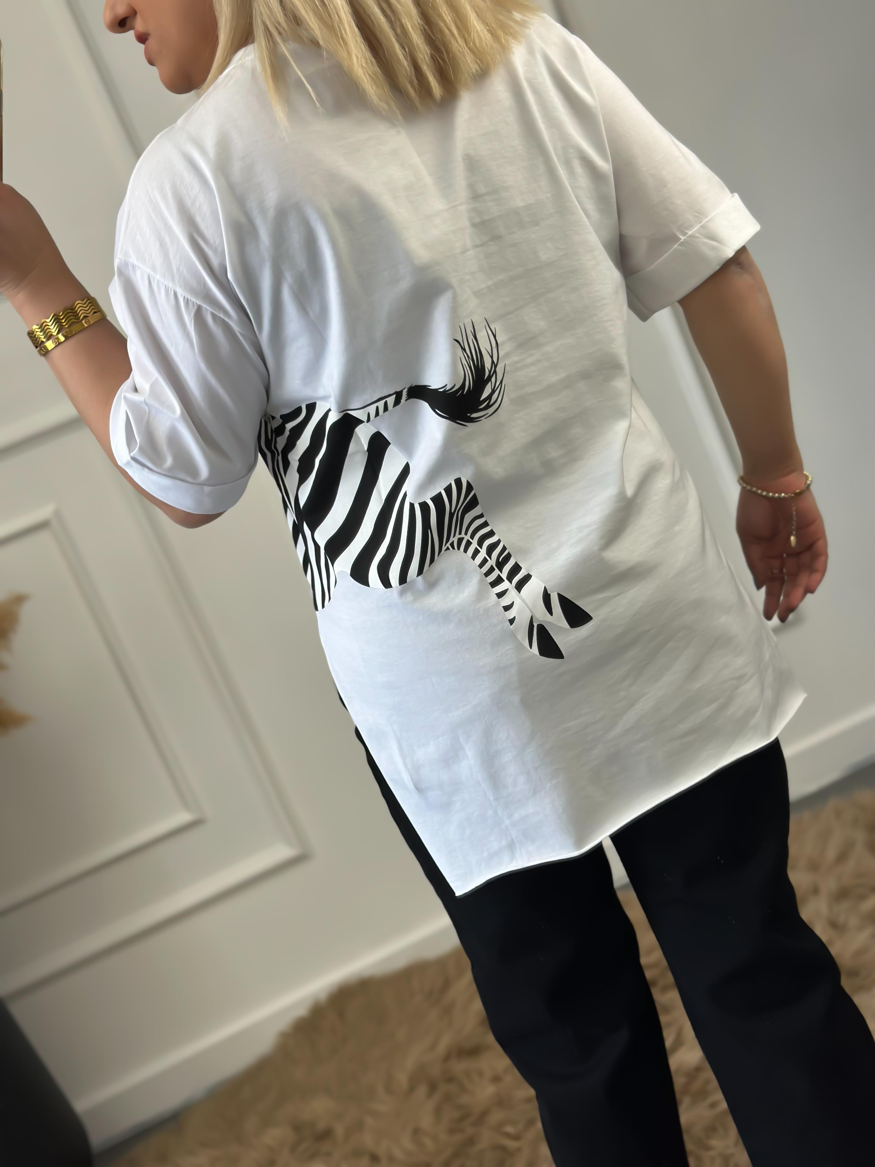 Zebra Desen Bisiklet Yaka Oversize Tshirt BEYAZ-23YUST000012