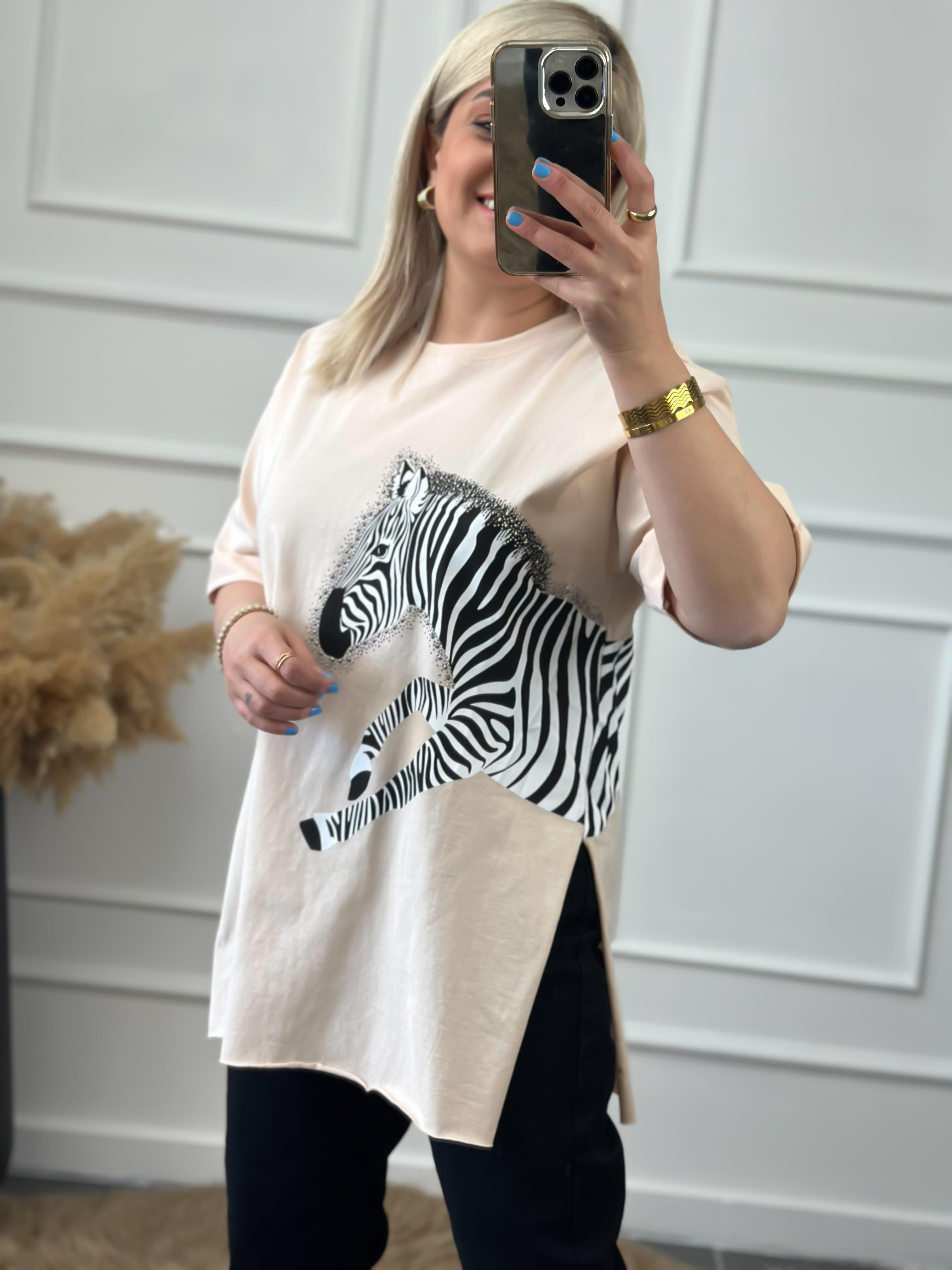 Zebra Desen Bisiklet Yaka Oversize Tshirt BEJ-23YUST000012