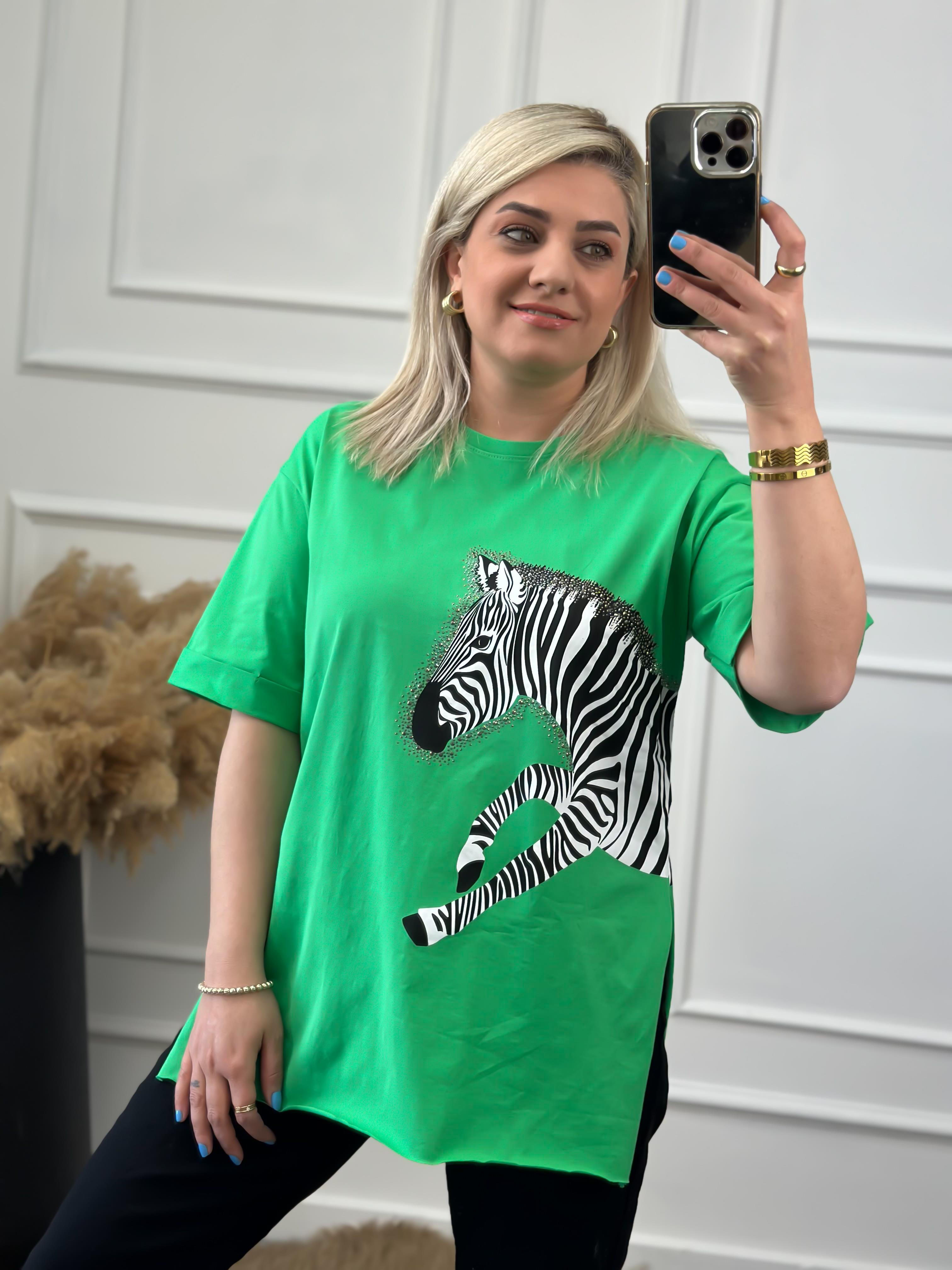 Zebra Desen Bisiklet Yaka Oversize Tshirt YEŞİL-23YUST000012