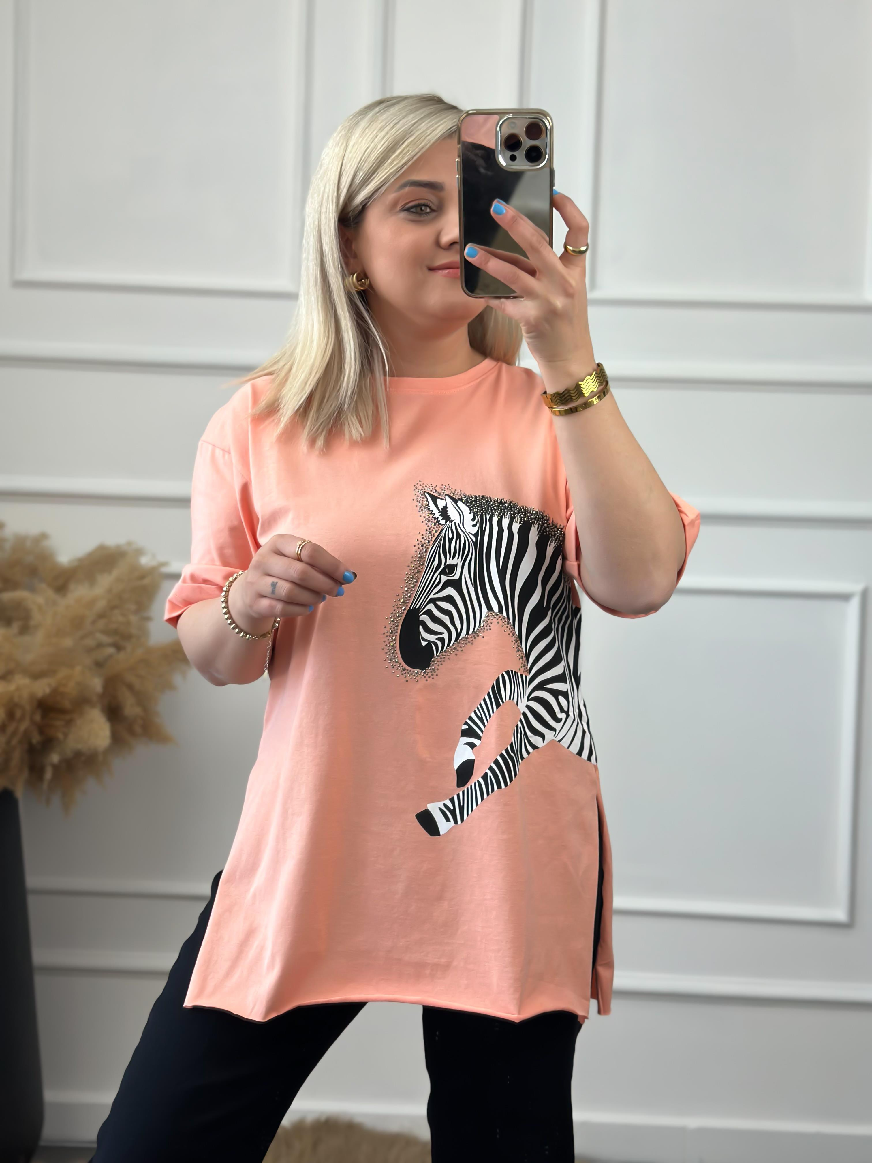 Zebra Desen Bisiklet Yaka Oversize Tshirt SOMON-23YUST000012