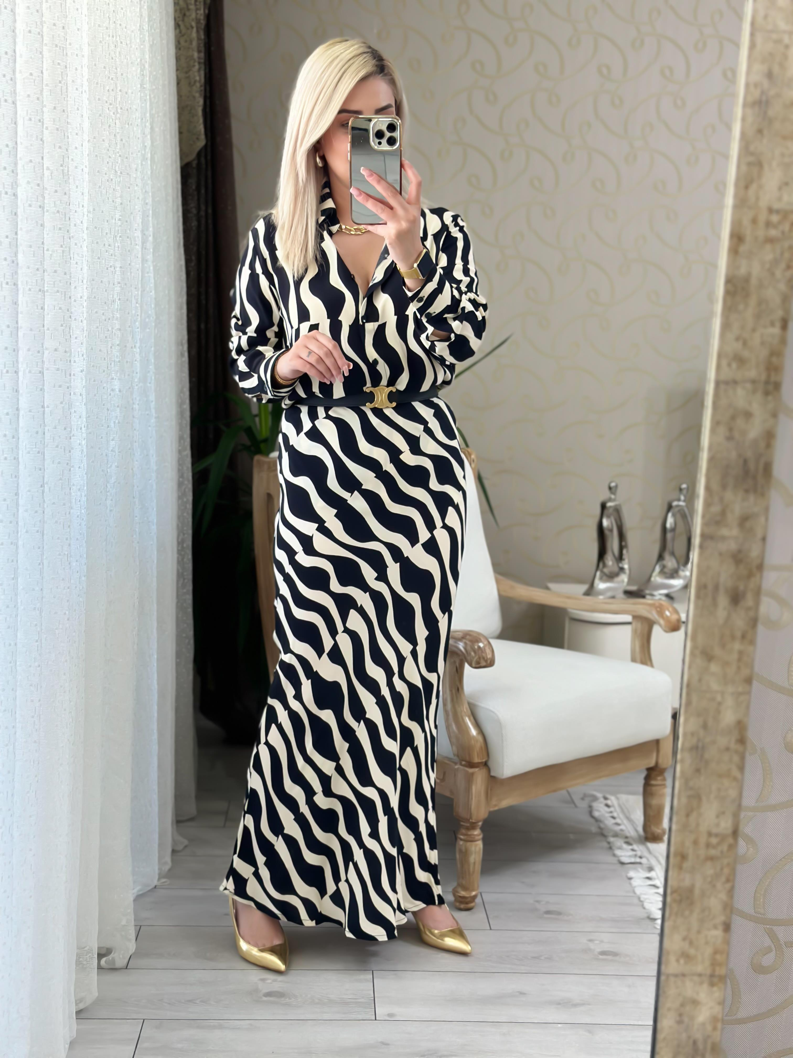 Zebra Desen Gömlek Etek Takım SİYAH EKRU-23YUST000090