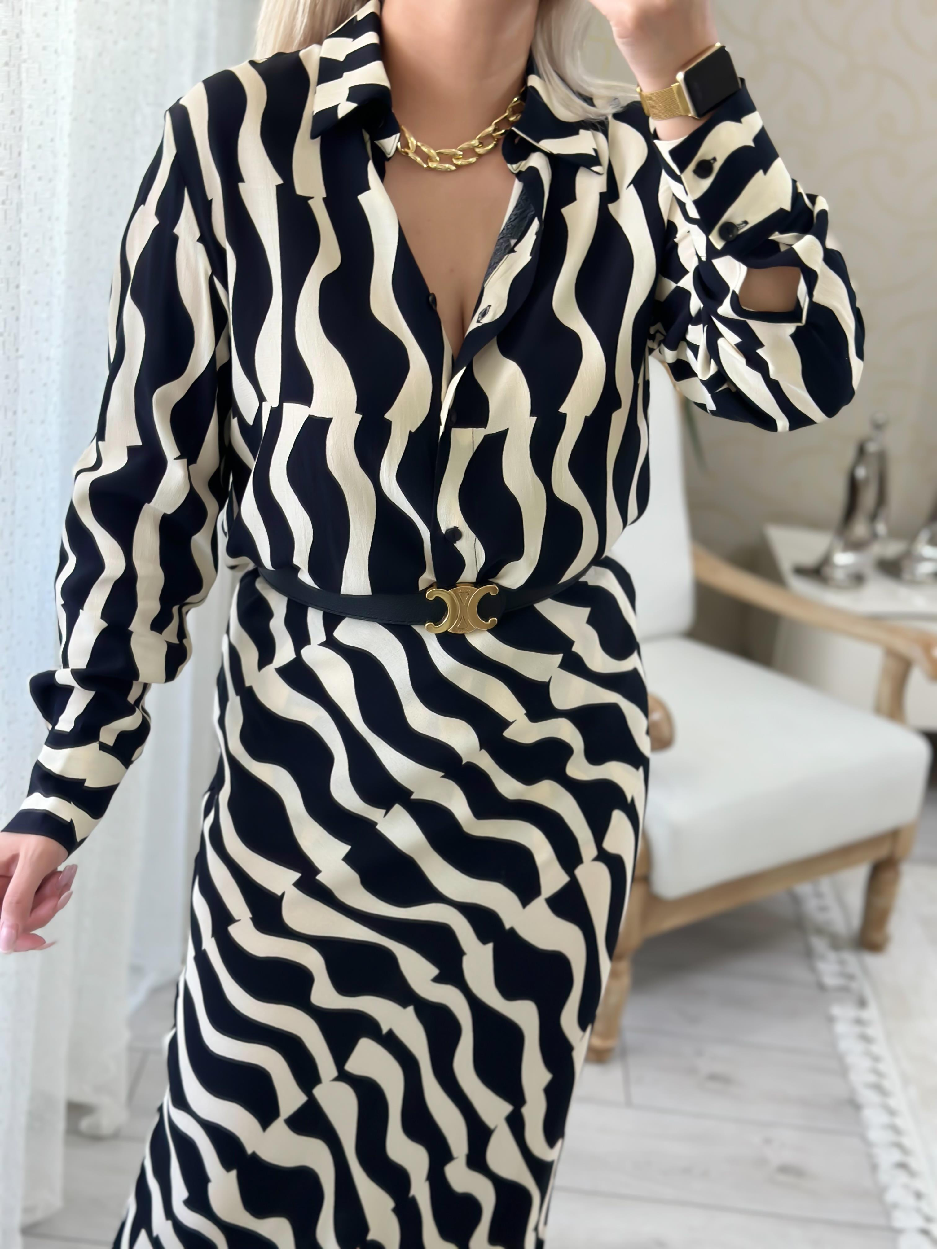 Zebra Desen Gömlek Etek Takım SİYAH EKRU-23YUST000090