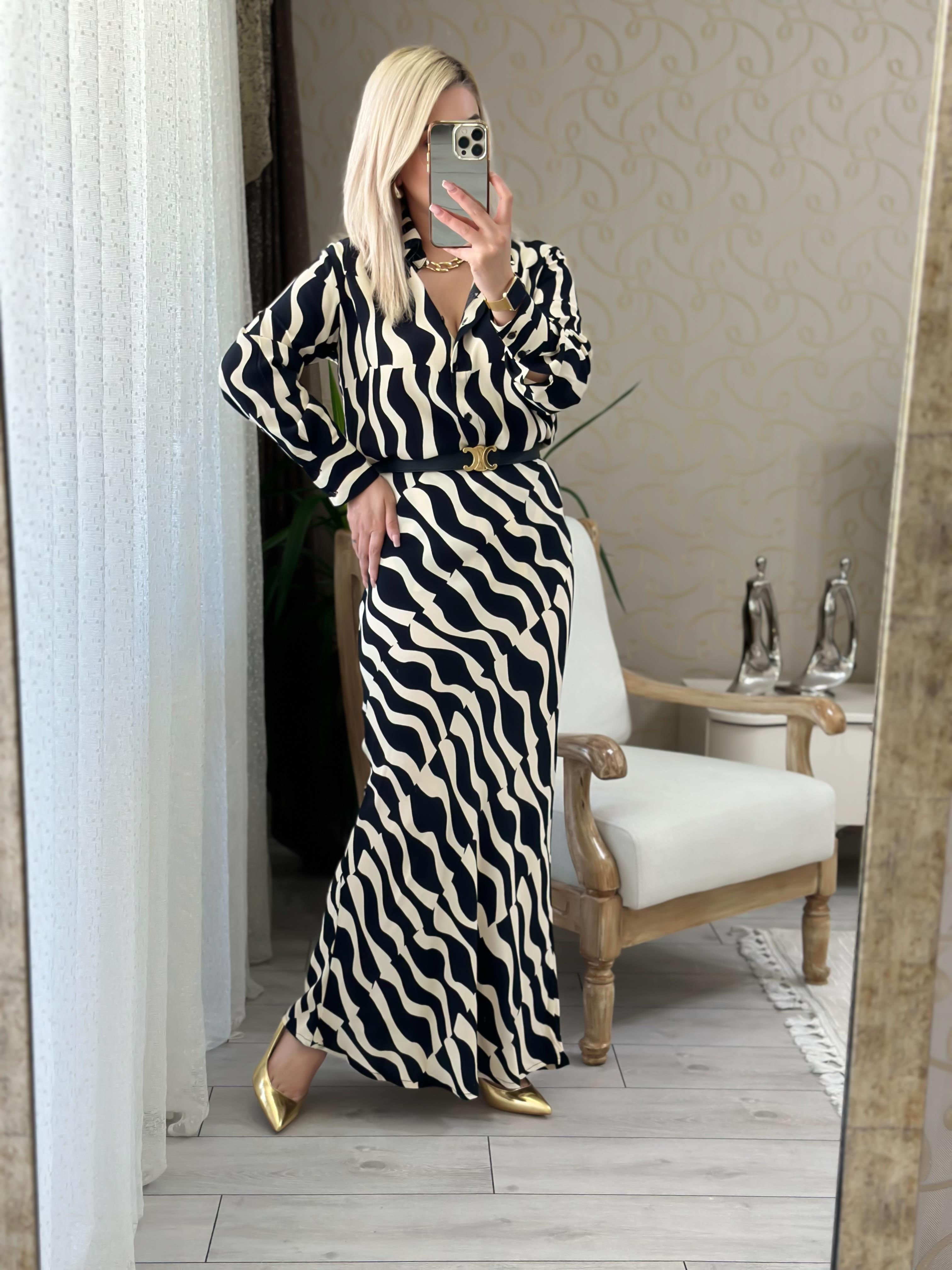 Zebra Desen Gömlek Etek Takım SİYAH EKRU-23YUST000090