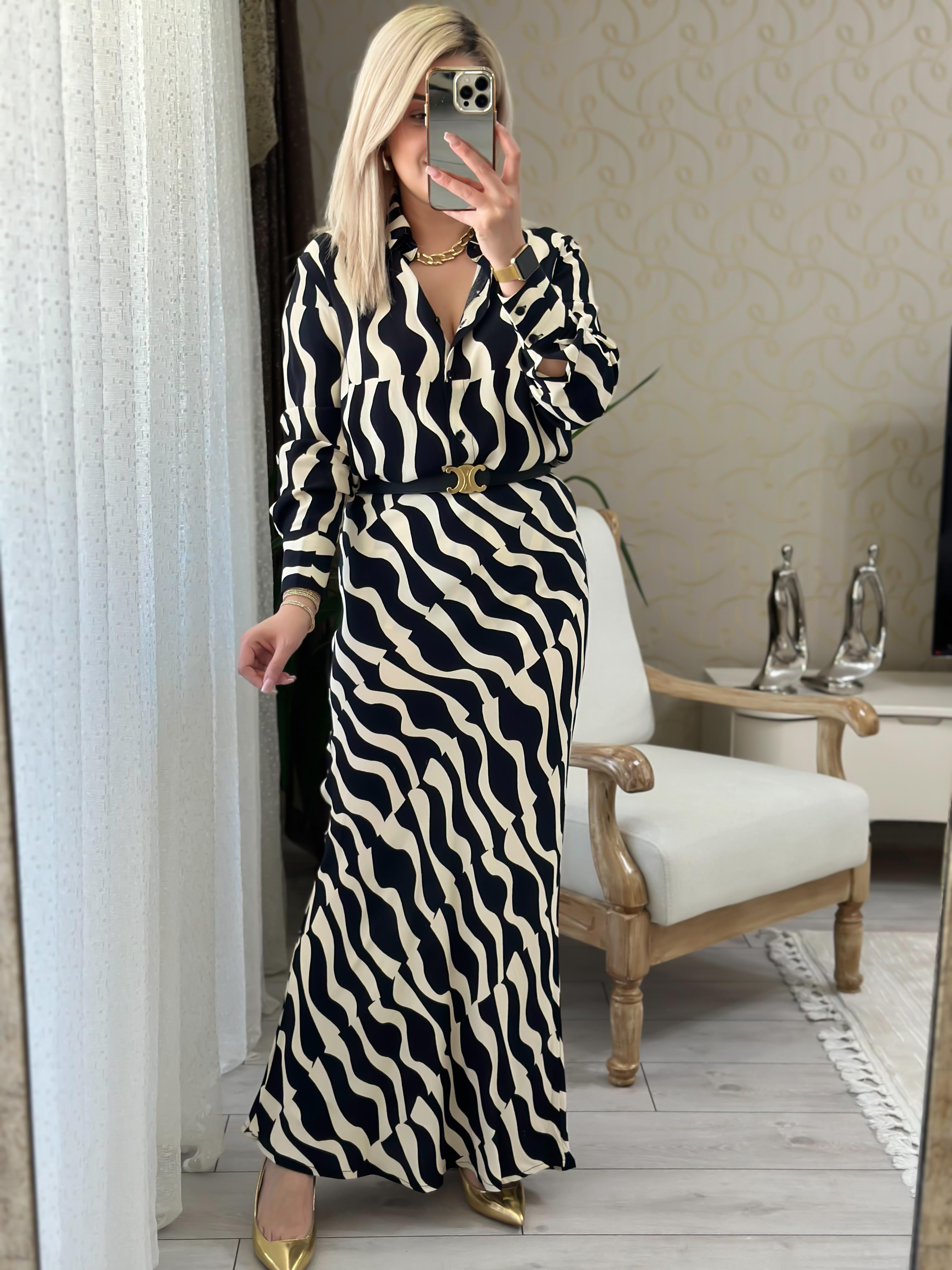 Zebra Desen Gömlek Etek Takım SİYAH EKRU-23YUST000090