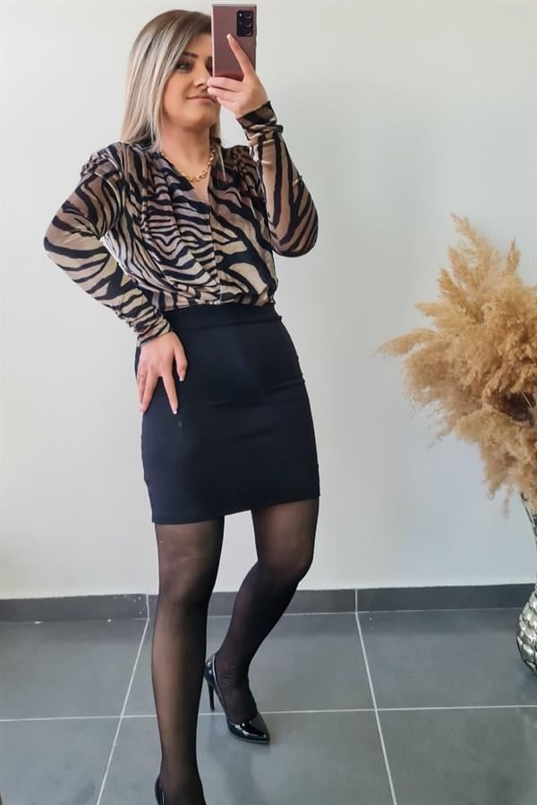 Zebra Desen Vatkalı Zıbınlı Bluz BEJ-23KUST000036