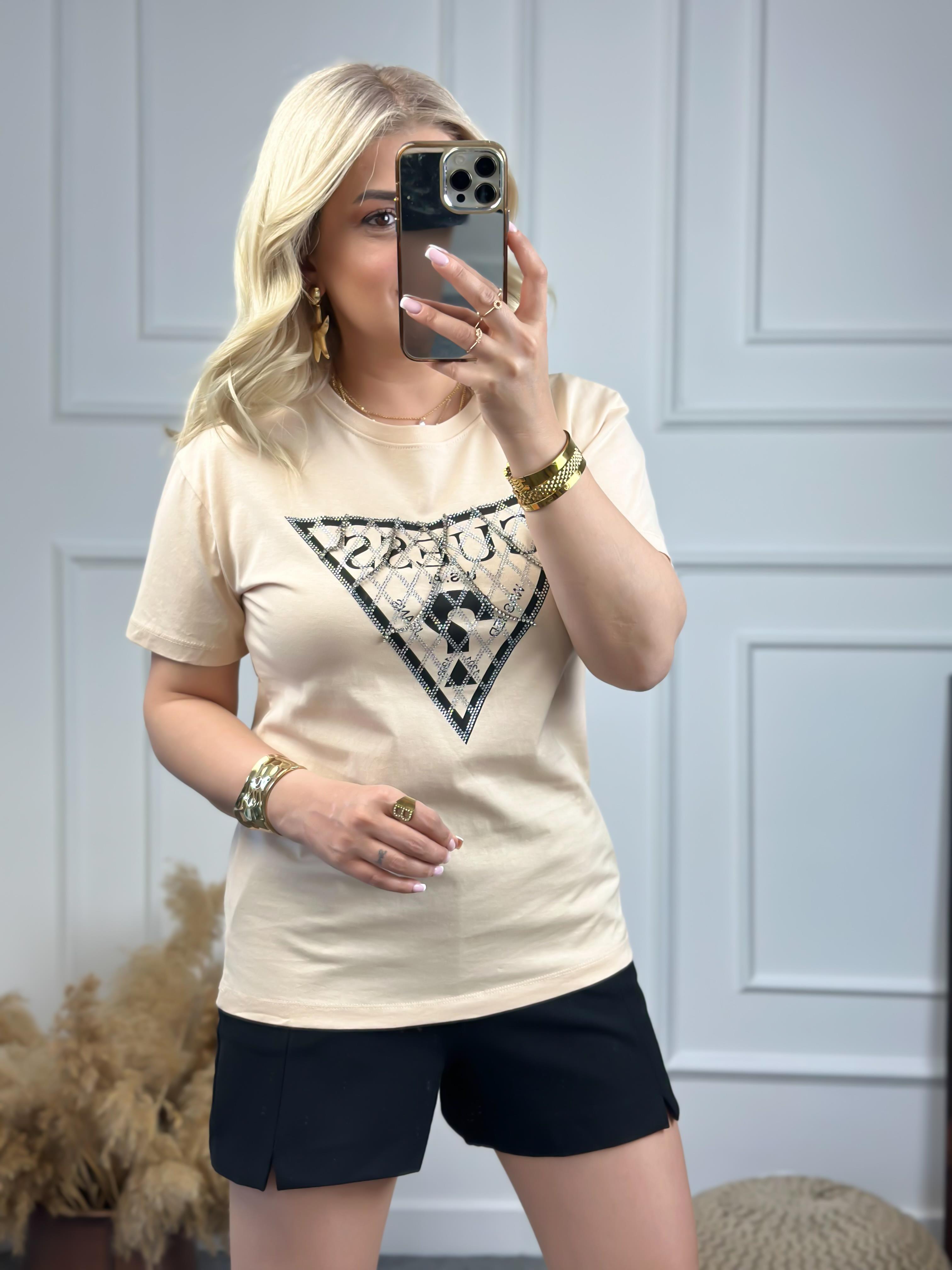Zincirli Yazı Baskılı Tshirt BEJ-23YUST000072