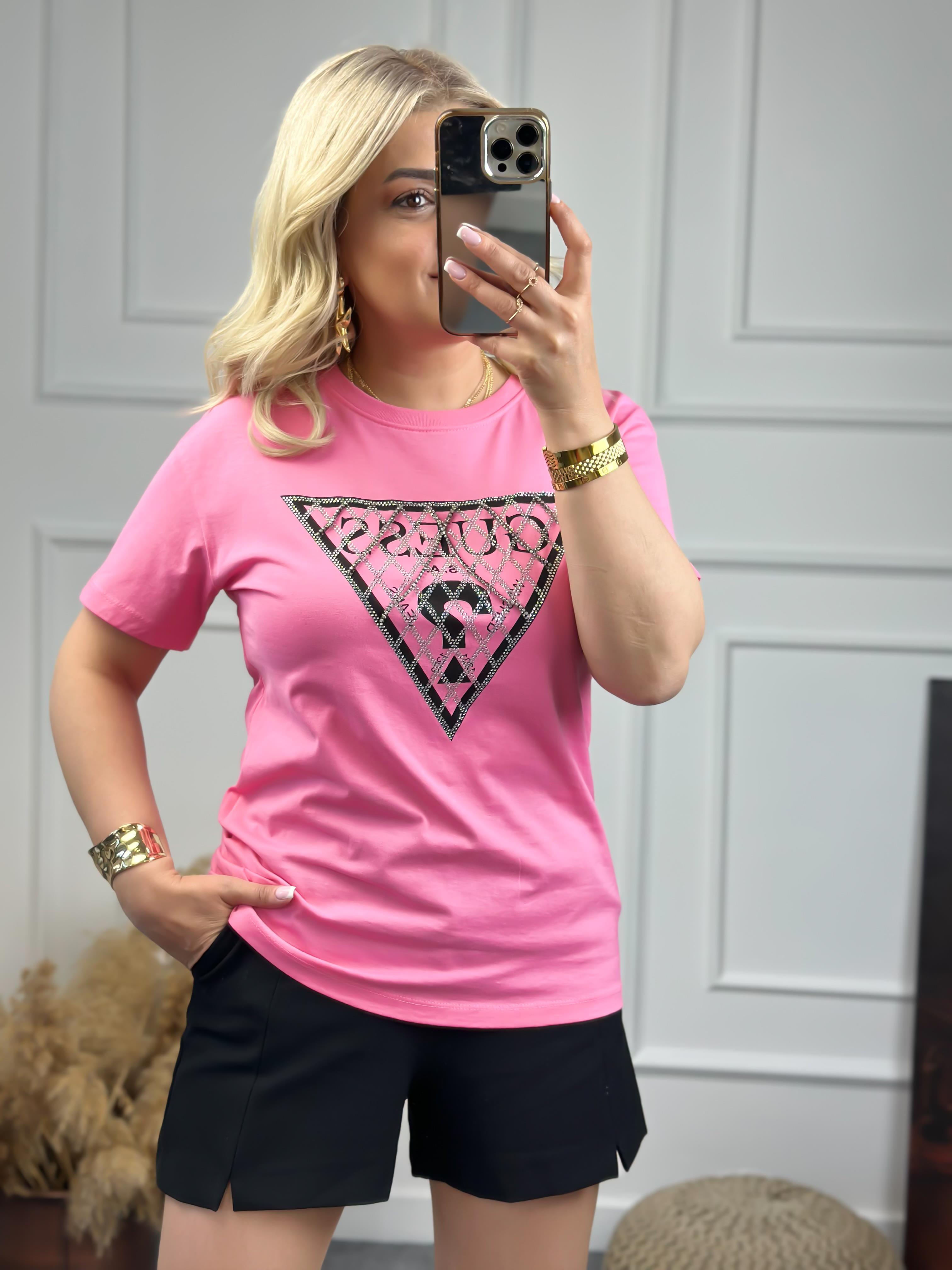 Zincirli Yazı Baskılı Tshirt PEMBE-23YUST000072
