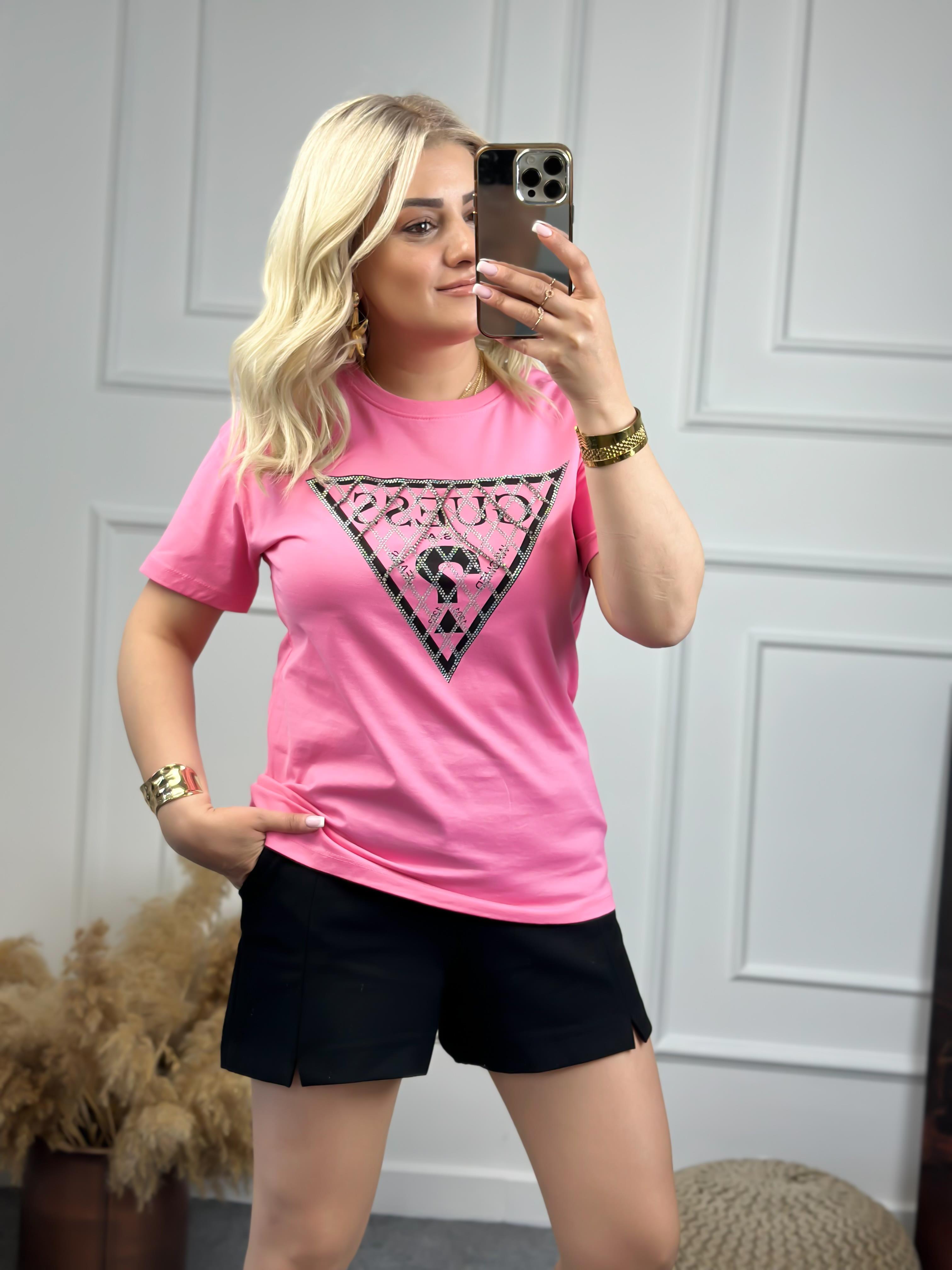 Zincirli Yazı Baskılı Tshirt PEMBE-23YUST000072