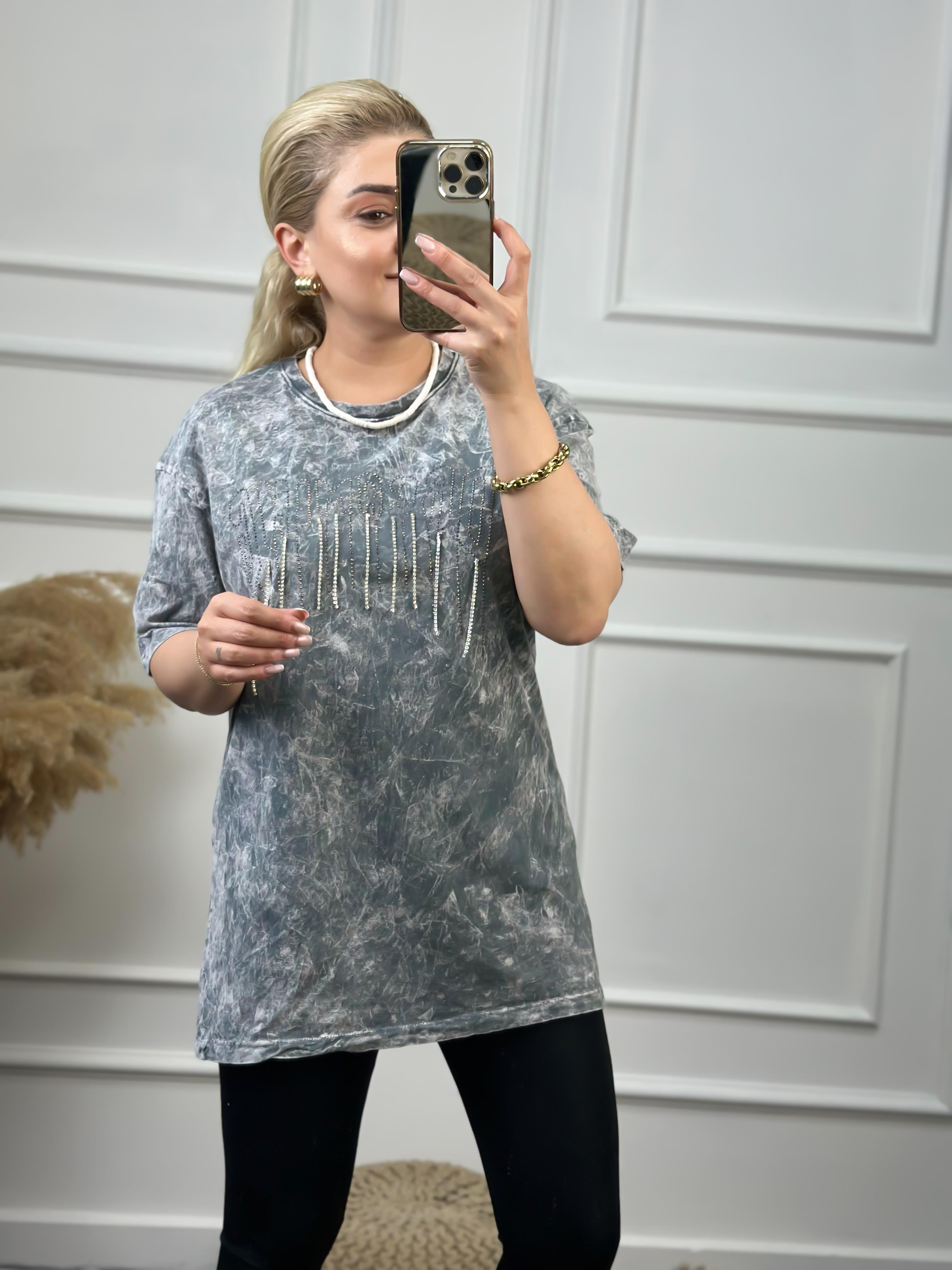 Zincirli Yıkamalı Taşlı Tshirt GRİ-23YUST000057