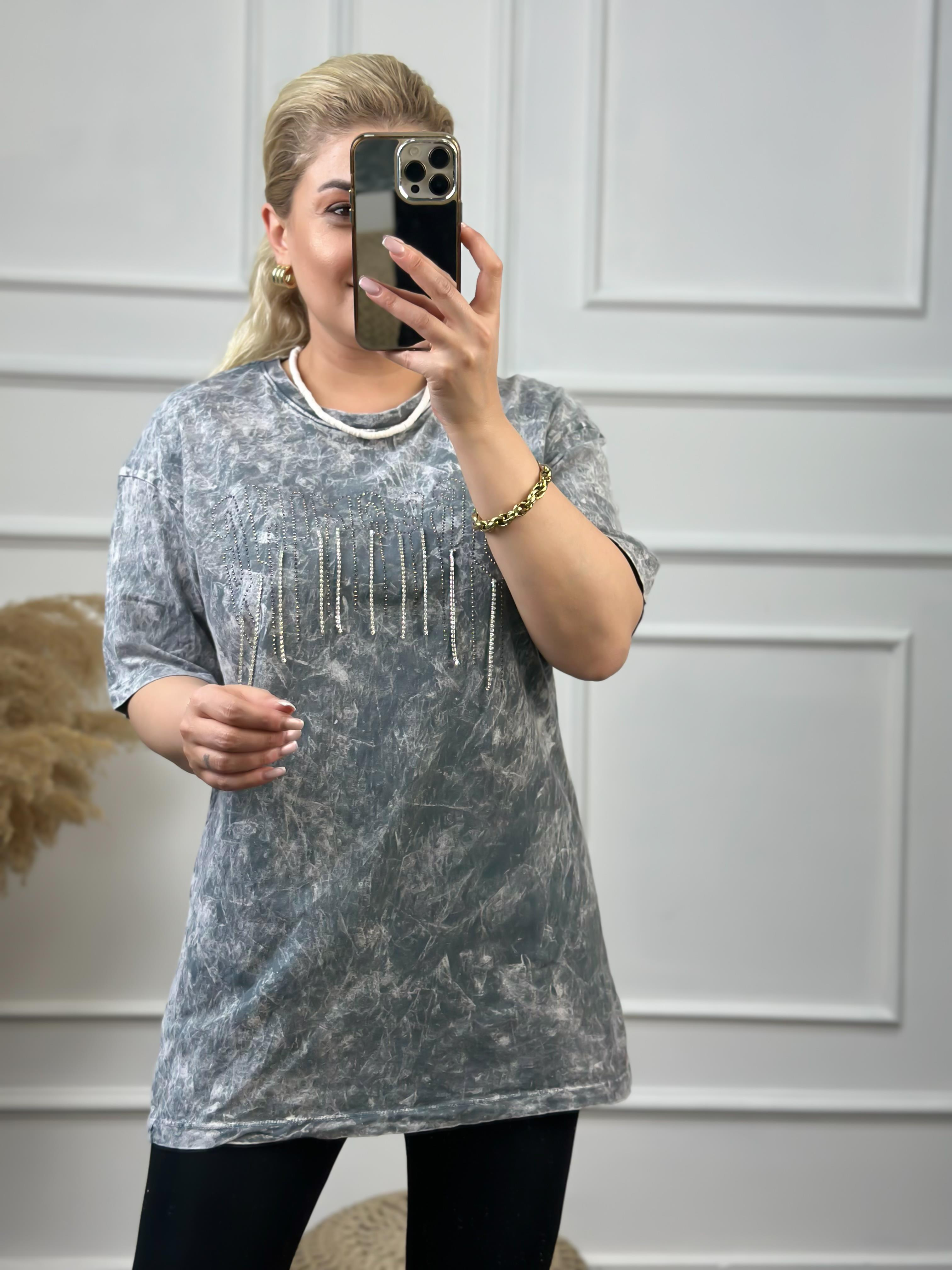Zincirli Yıkamalı Taşlı Tshirt GRİ-23YUST000057