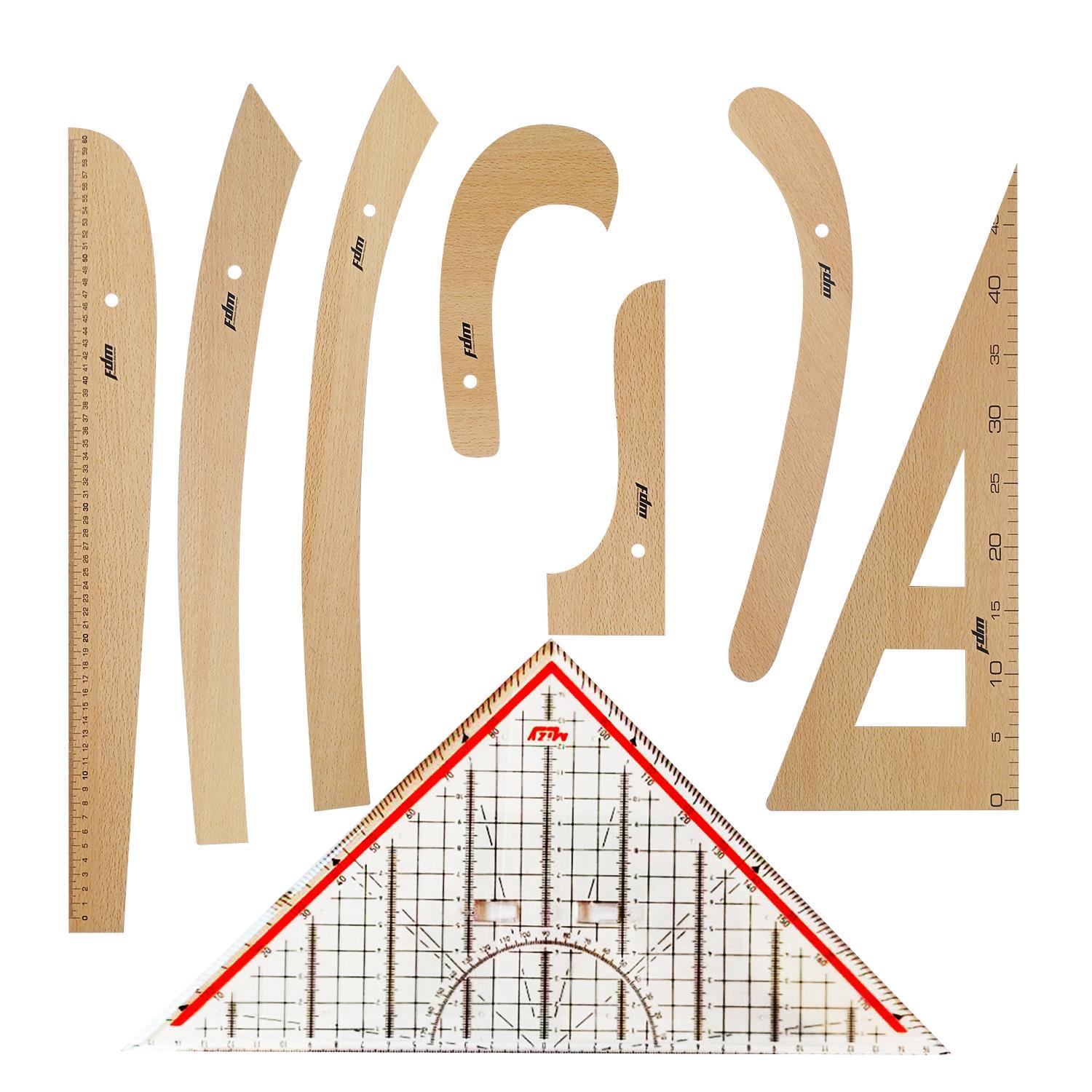 FDM 8 Parça Set - 7 Parça Ahşap Riga Seti ve Modelist Gönyesi - Riga Takımı -Dikiş Seti Cetvel