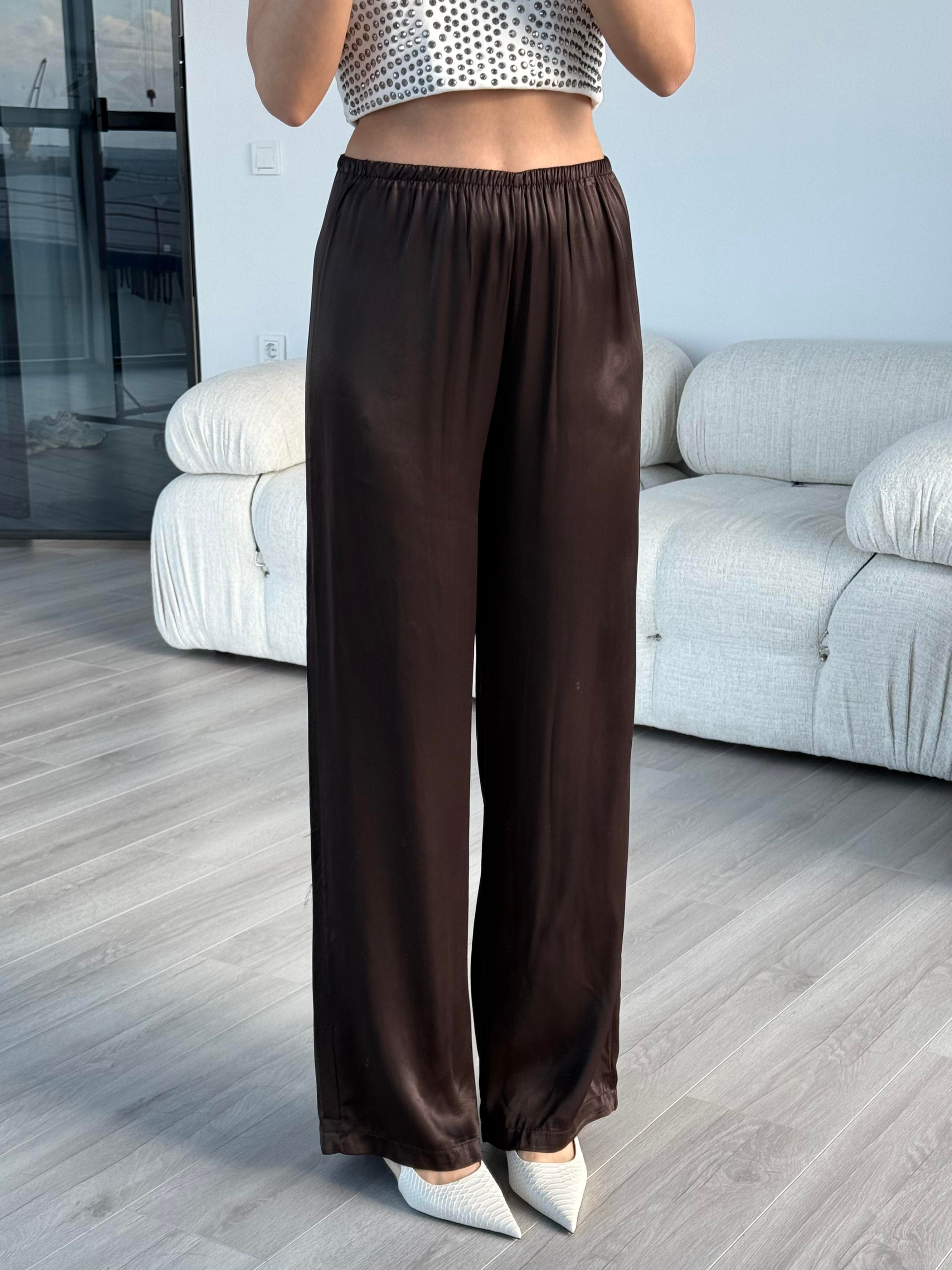 Acı Kahve Beli Lastikli Saten Pantolon - Kadın Trousers Modelleri - Nazliye Moda | Kadın Giyim Modası