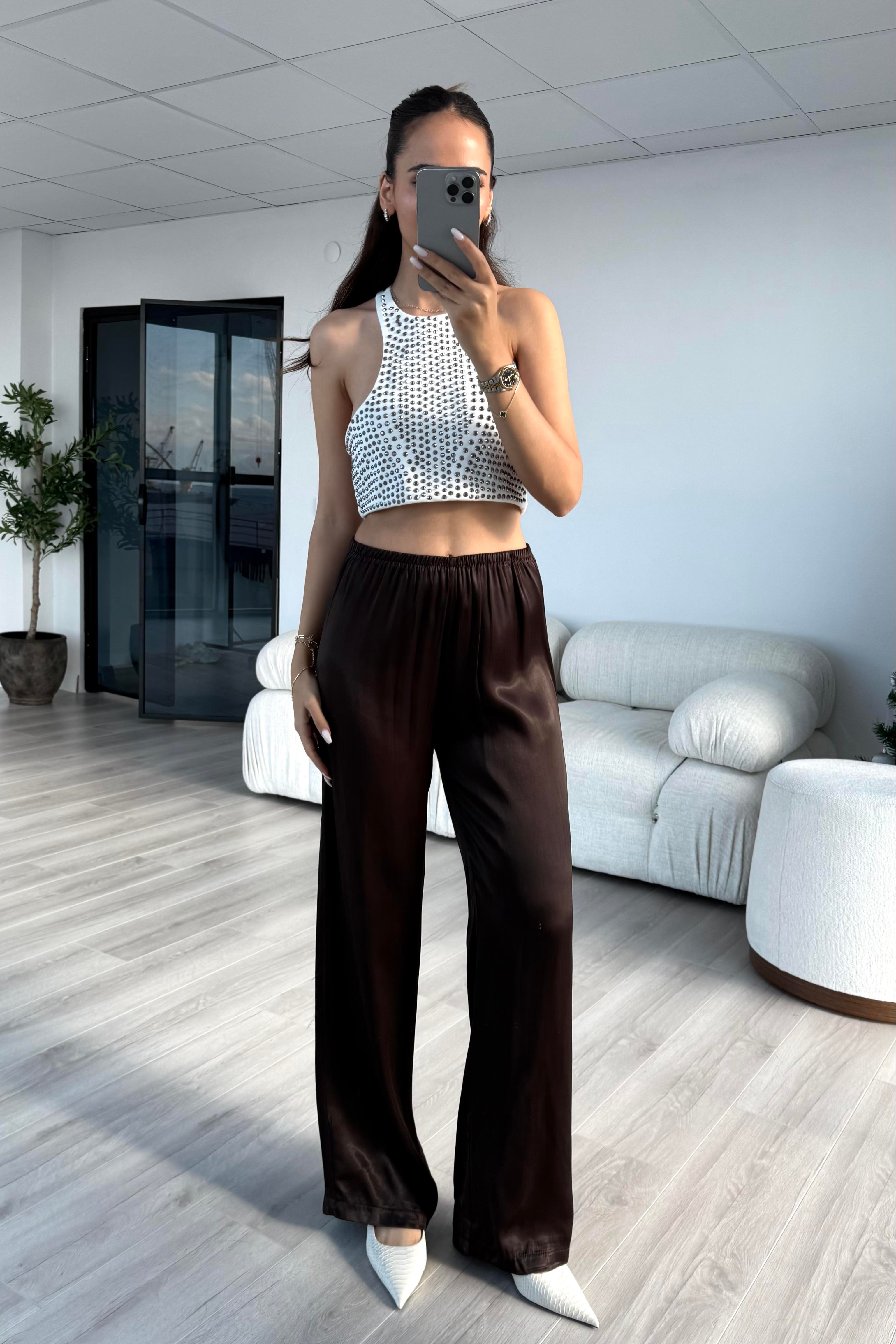Acı Kahve Beli Lastikli Saten Pantolon - Kadın Trousers Modelleri - Nazliye Moda | Kadın Giyim Modası