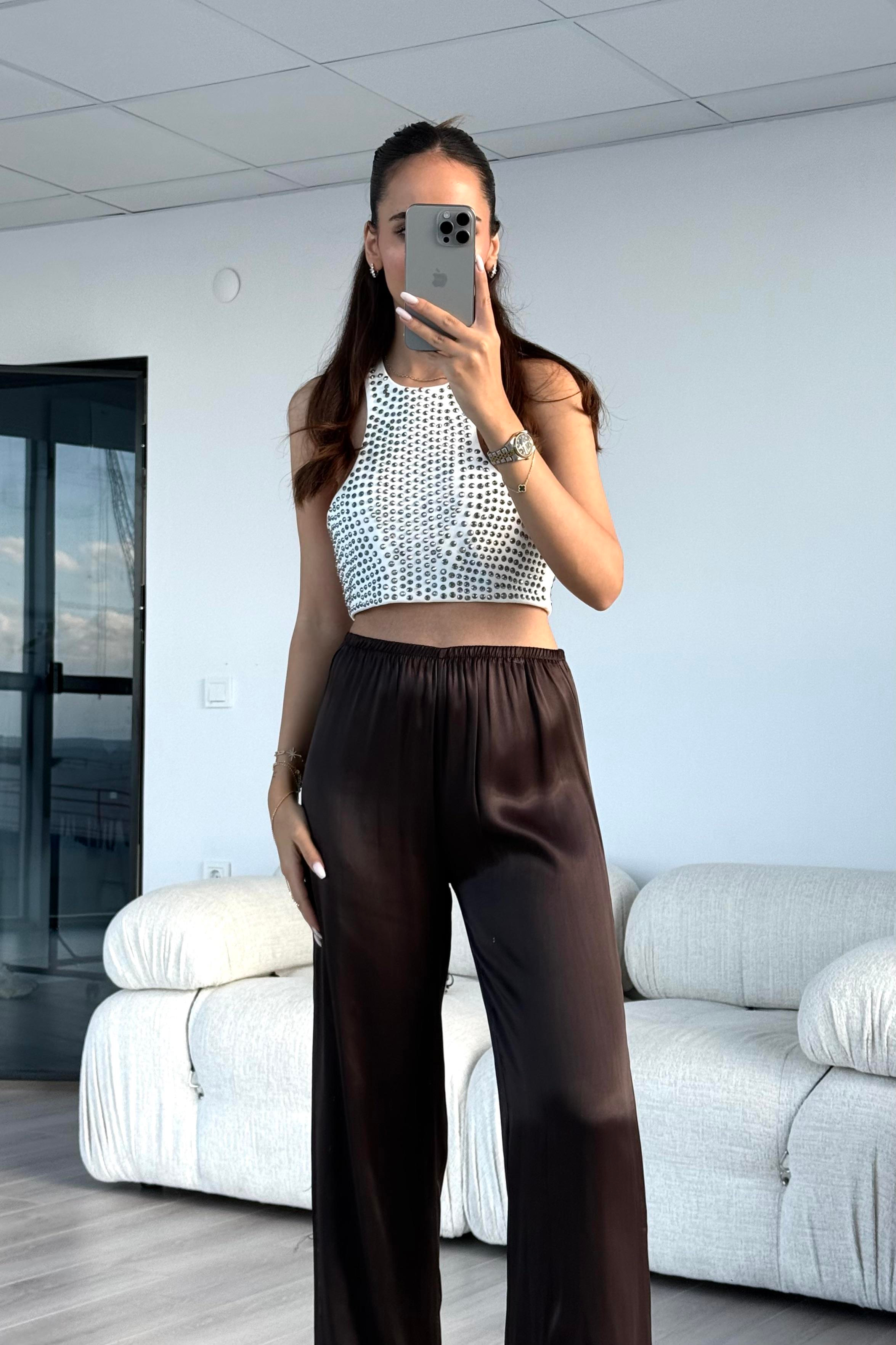 Acı Kahve Beli Lastikli Saten Pantolon - Kadın Trousers Modelleri - Nazliye Moda | Kadın Giyim Modası