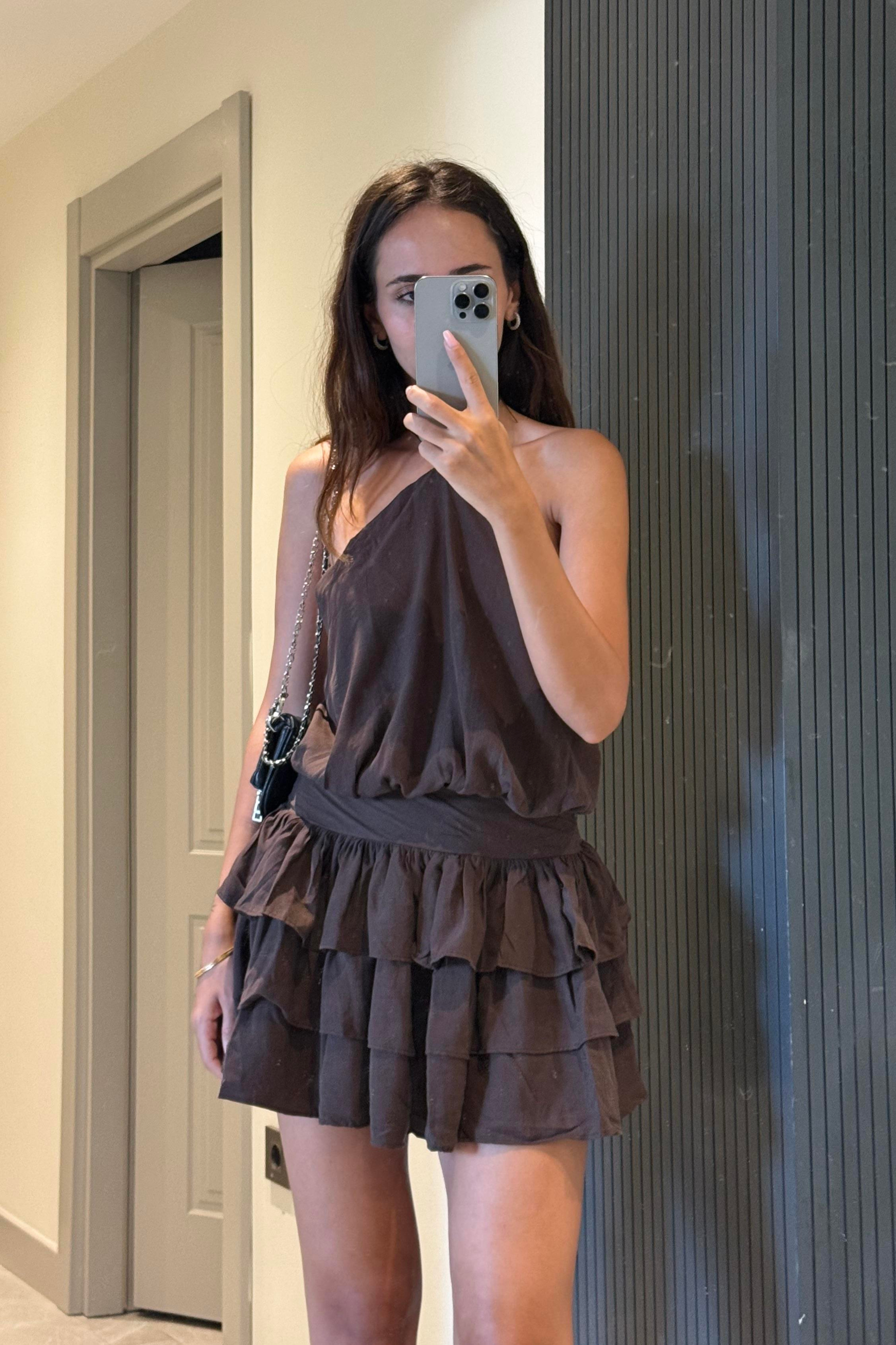 Acı Kahve Boyundan Bağlama Mini Elbise - Kadın Elbise Modelleri - Nazliye Moda | Kadın Giyim Modası