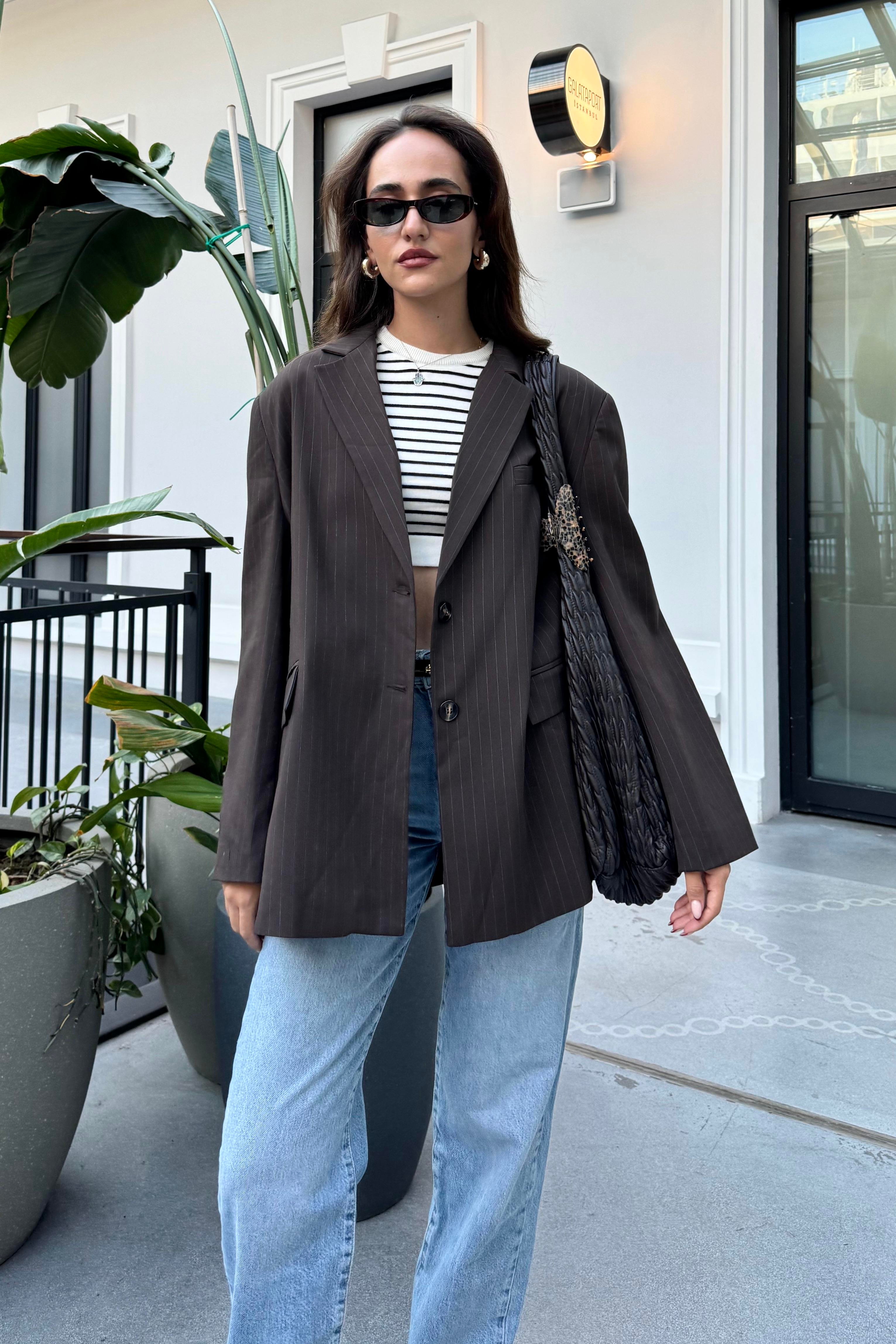 Acı Kahve Çizgili Maskülen Blazer Ceket - Kadın Blazer Ceket Modelleri - Nazliye Moda | Kadın Giyim Modası