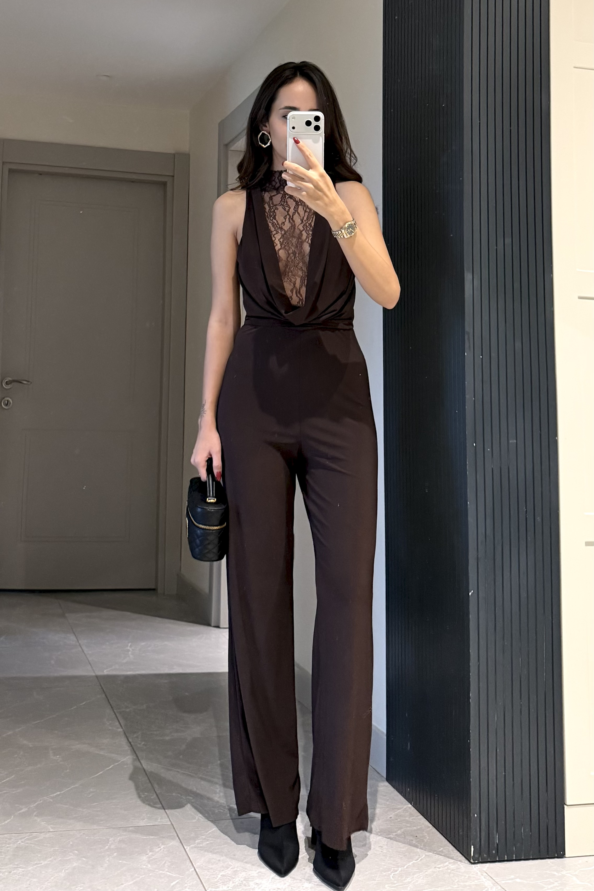 Acı Kahve Dantel Detay Tulum - Kadın Jumpsuits Modelleri - Nazliye Moda | Kadın Giyim Modası