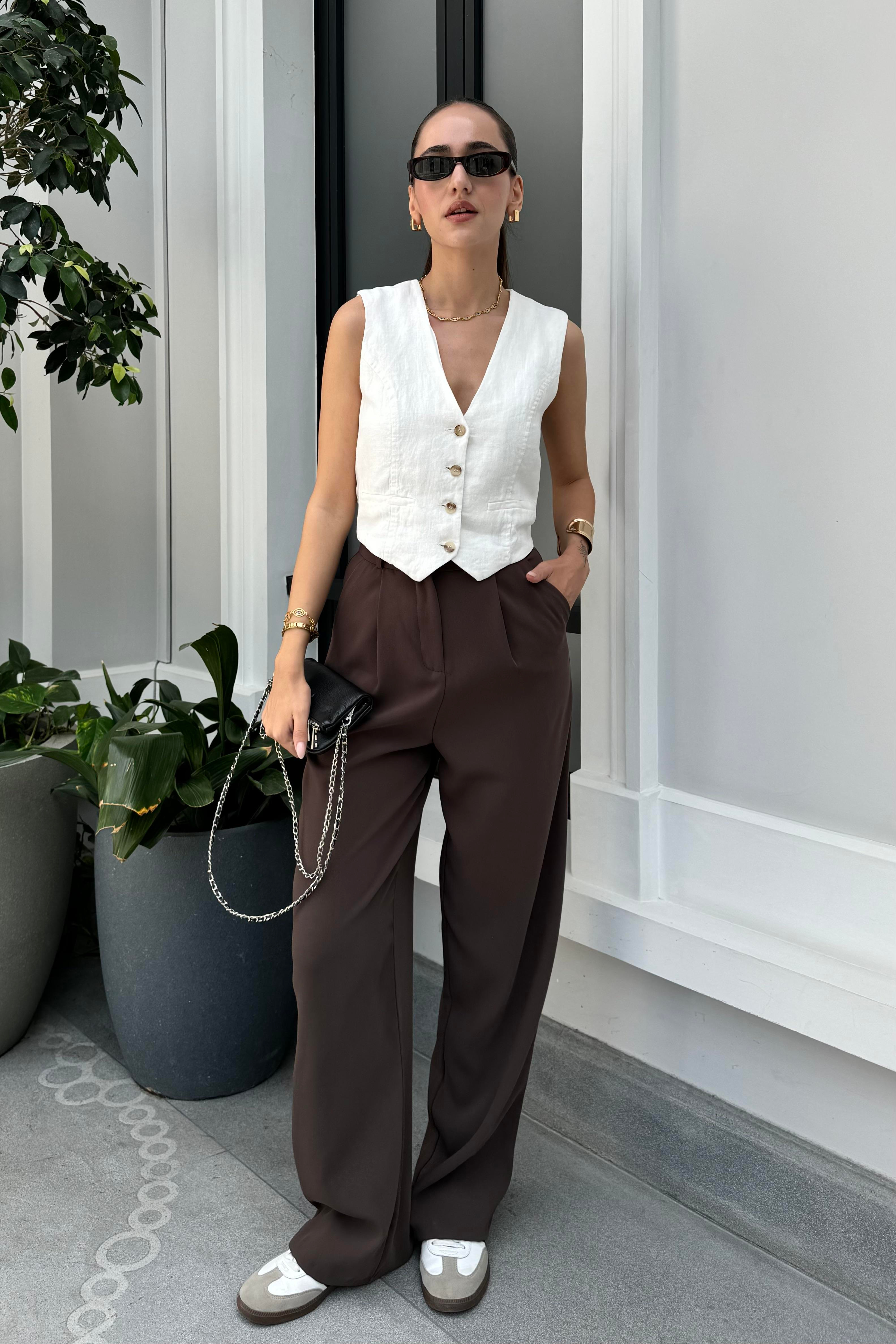 Acı Kahve Dökümlü Palazzo Pantolon - Kadın Trousers Modelleri - Nazliye Moda - Kadın Giyim Modası