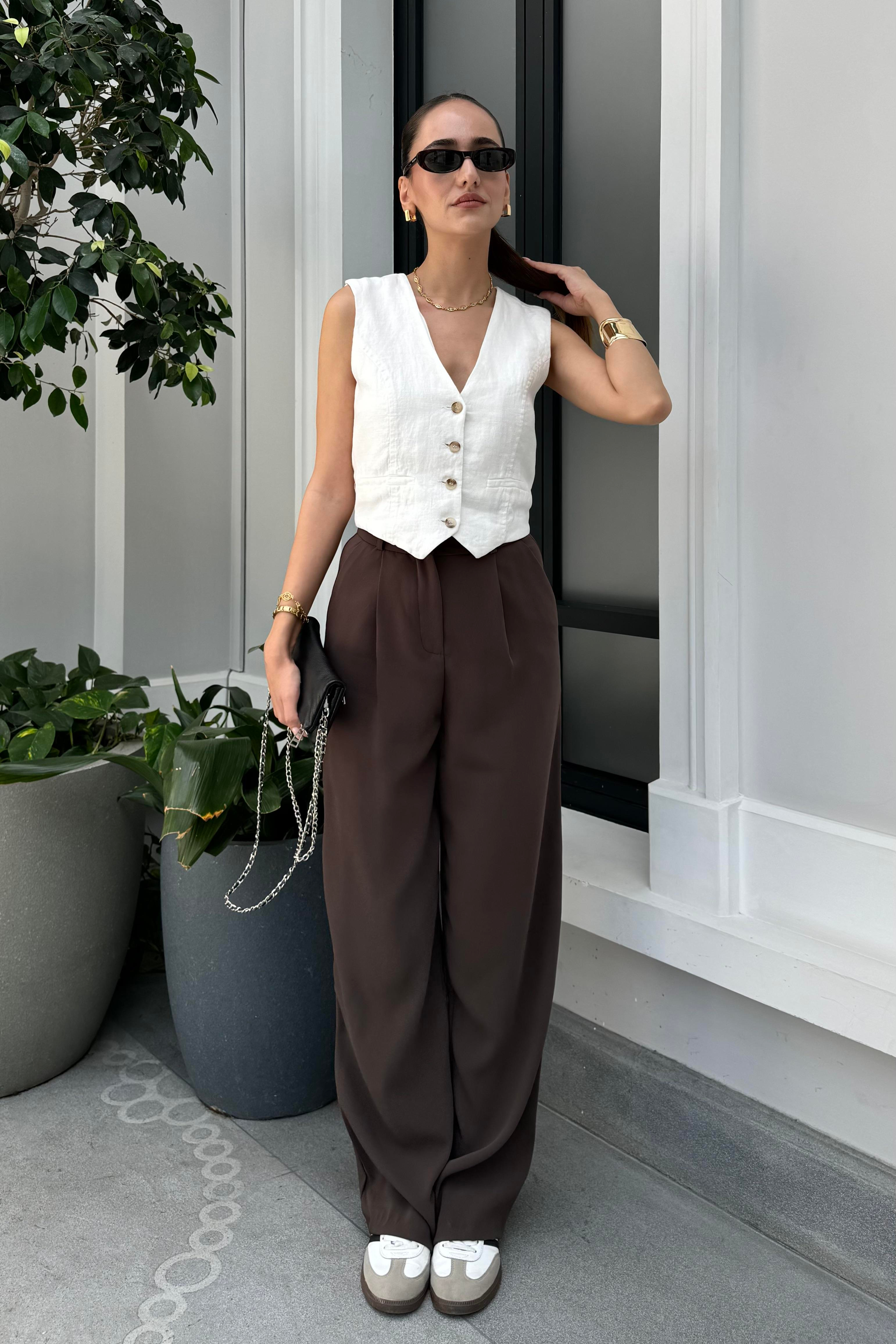 Acı Kahve Dökümlü Palazzo Pantolon - Kadın Trousers Modelleri - Nazliye Moda - Kadın Giyim Modası