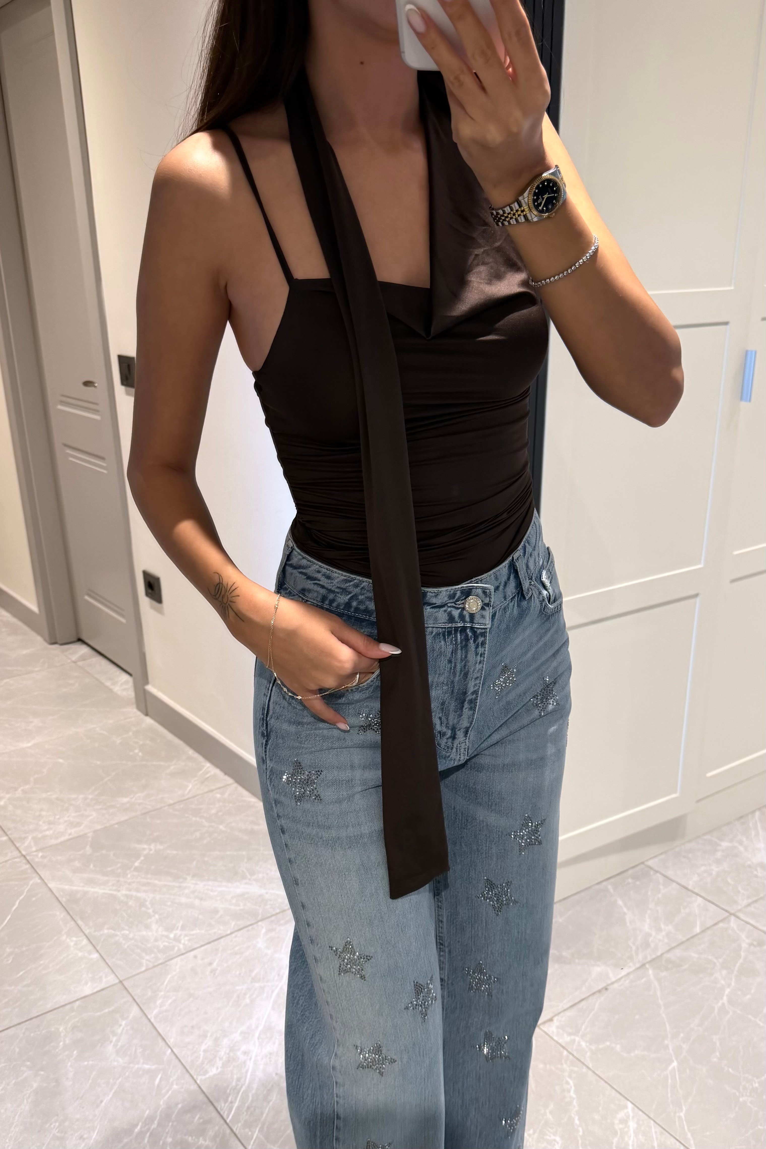 Acı Kahve Fular Detay Bluz - Kadın Bluz Modelleri - Nazliye Moda | Kadın Giyim Modası